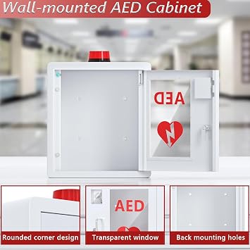 AED Defibrillator Wall Mounted Cabinet, Metal Steel Plate Storage Cabinet with Alarm and Light, fits All Brands Cardiac Science, 14.2'' x 7.9'' x 15.8''