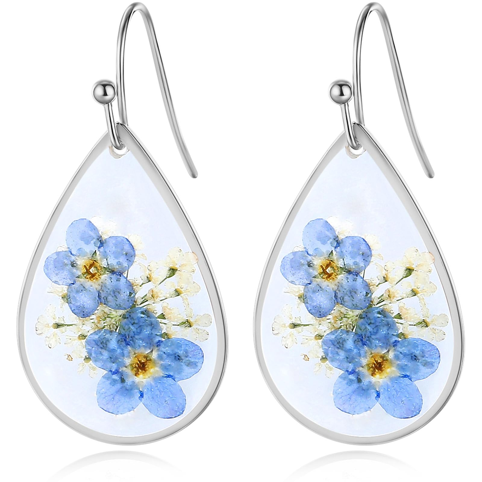 Fiklon Forget-Me-Not Pressed Earrings Real Flower Drop Dangly Earrings For Women Teardrop Dangle Earring Dry Flowers Wildflower Jewelry