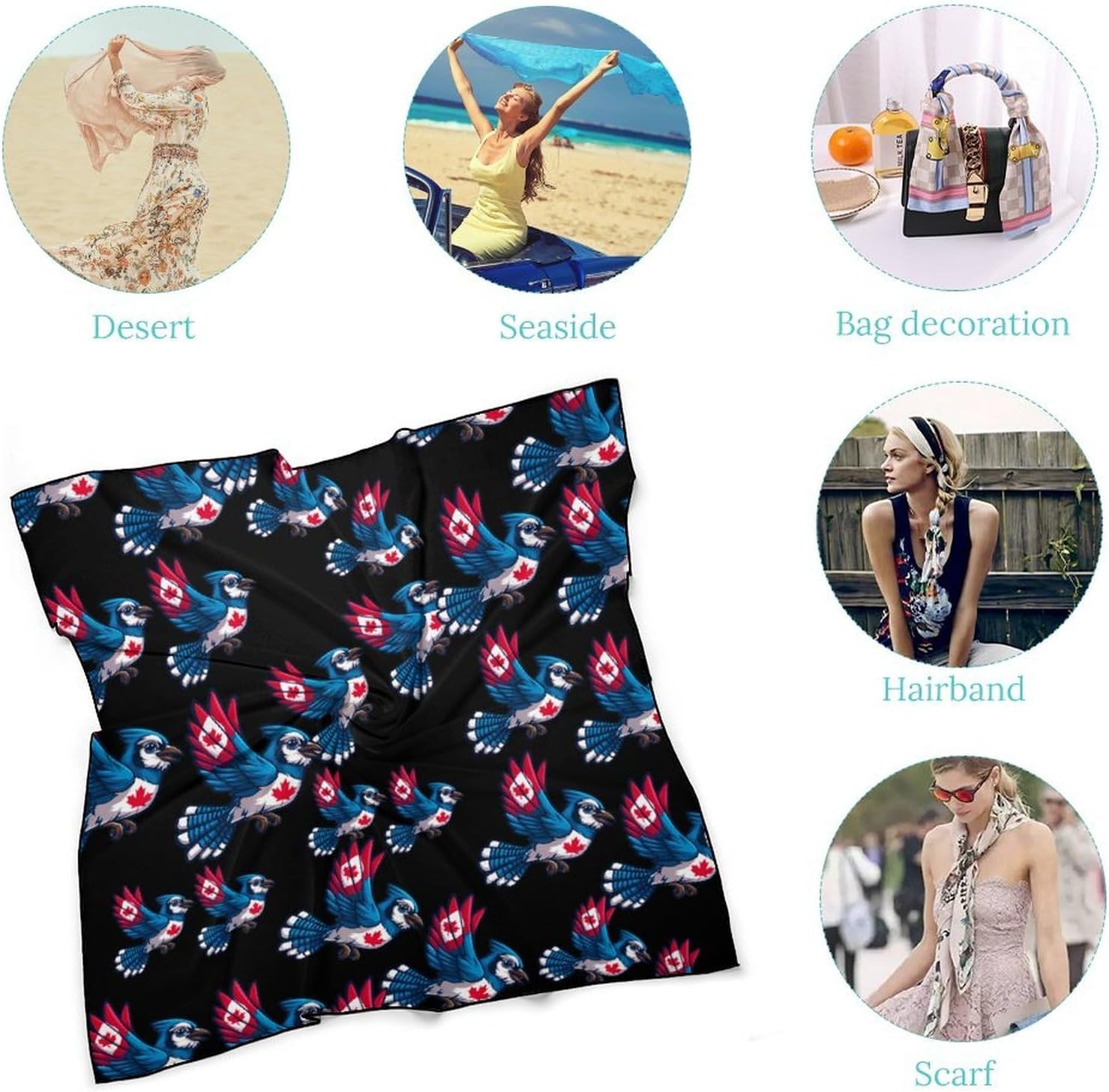 Canadian-Jay-Bluebird Silk-Like Square Scarf for Women Vintage Printed Neck Scarf Bandanas Hair Scarves
