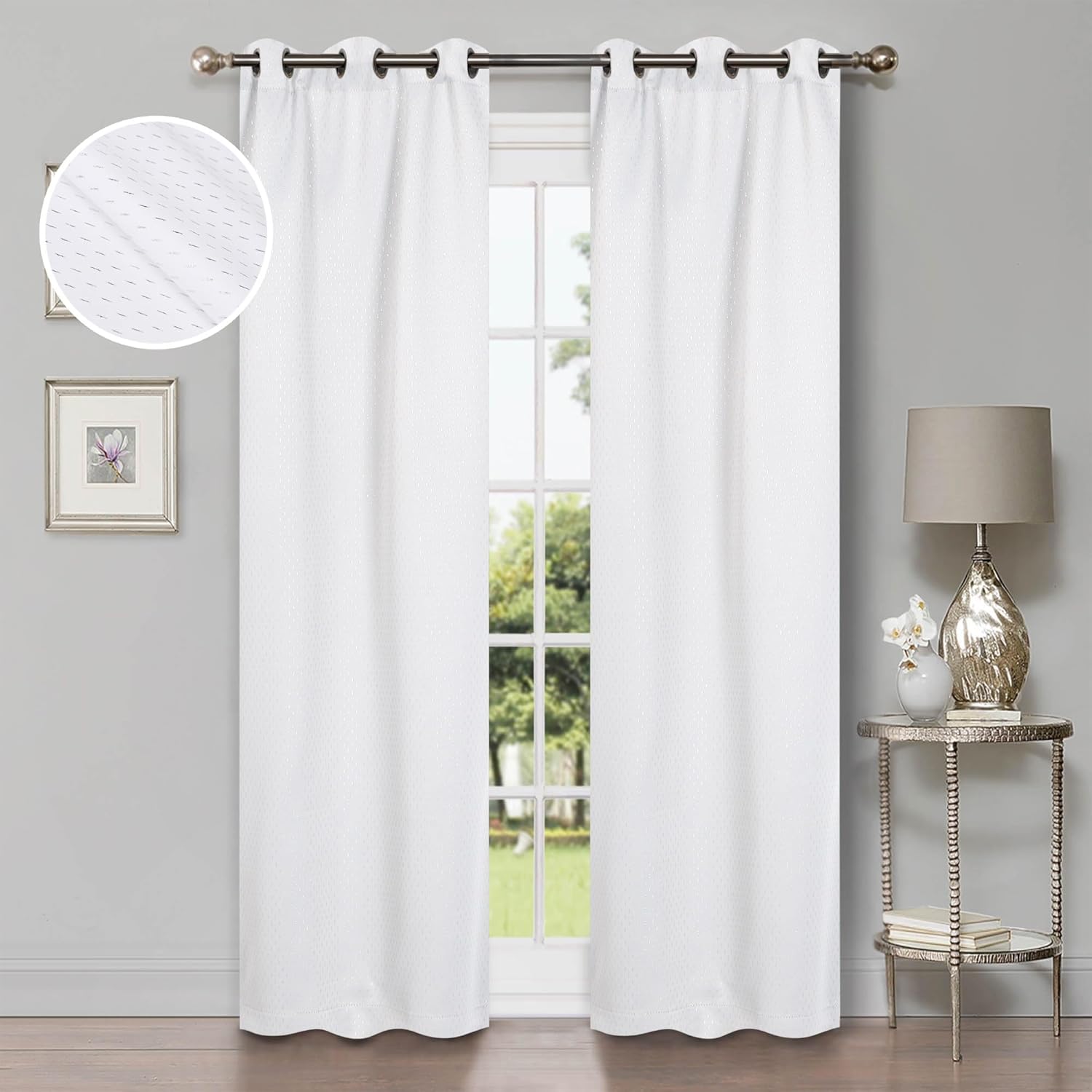 Superior Semi Blackout Curtains - Whimsical Shimmer Design - 42" x 96" - Grommet Header - Sun Blocking & Room Darkening Drapes for Bedroom, Living Room - Set of 2 Panels - Snow White