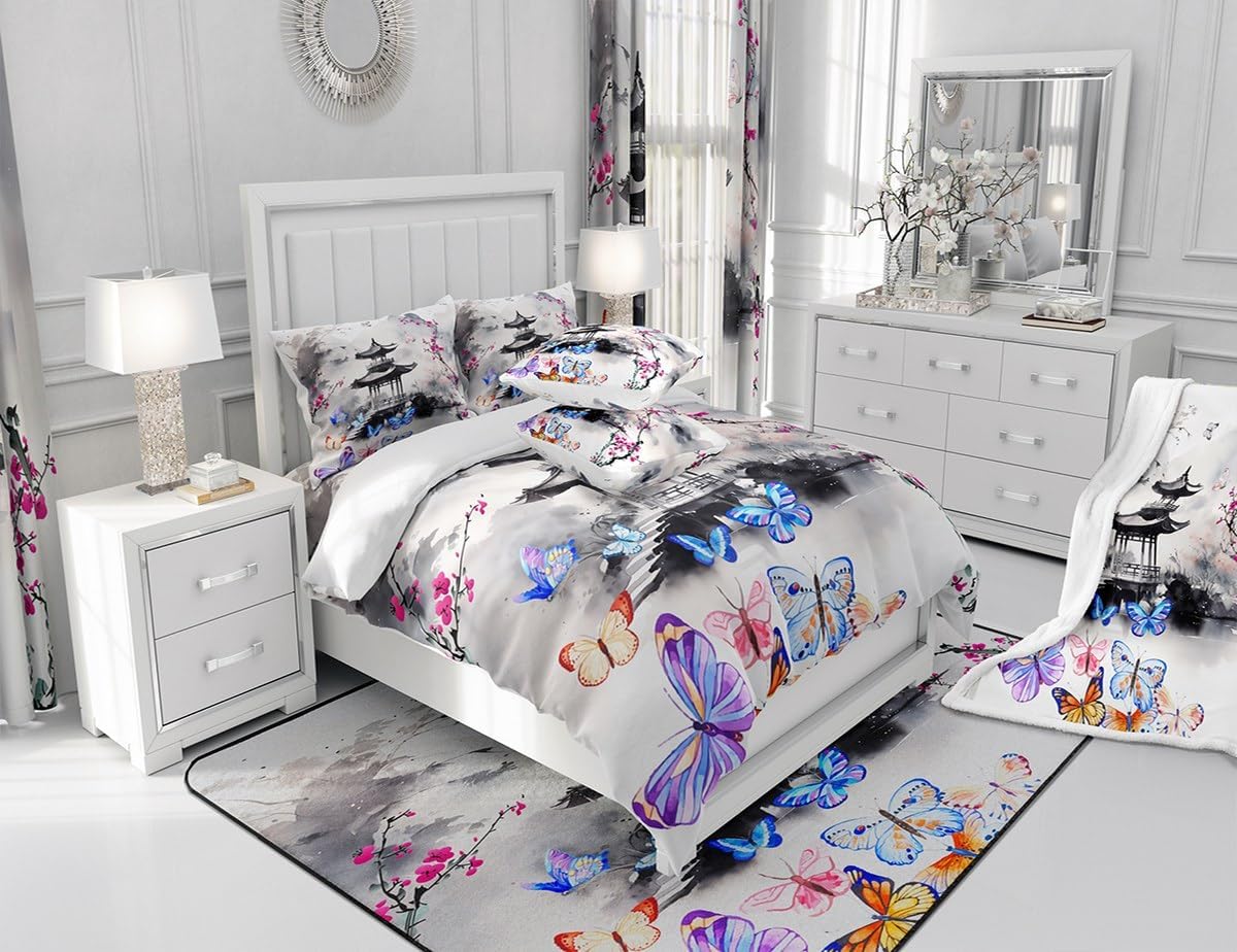 Chinese Style Duvet Cover Set Queen Size, Watercolor Butterfly Flower Comforter Cover with 2 Pillowcases, Ink Painting Mountain Bedding Set for Kids Boys Girls Lightweight Bedspread Cover,No Comforter