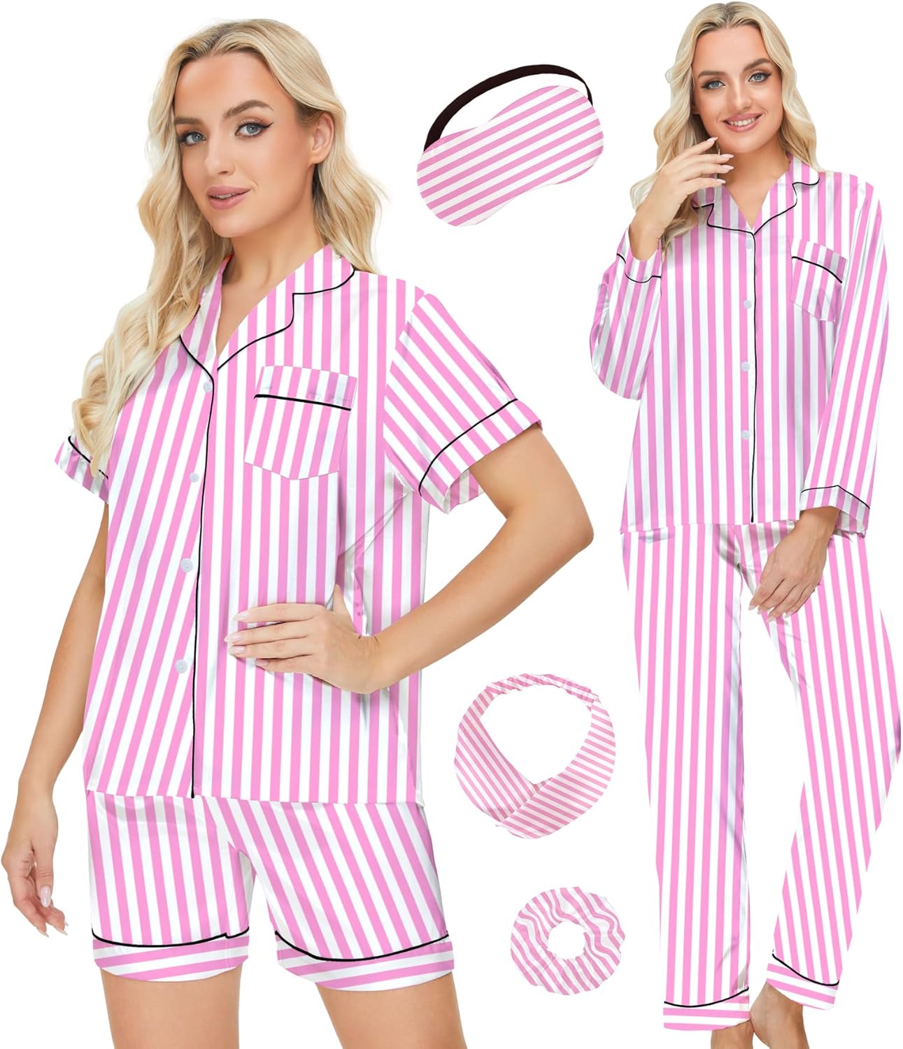 MORFORU Silk Pajama Set for Women 4 Piece Satin Pajamas Pjs with Eye Mask, Headband, Button Down Sleepwear Lounge Set