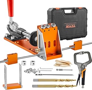 Pocket Hole Jig Kit, 34 Pcs Pocket Hole Jig System with 11" C-clamp, Fixture, Step Drills, Wrenches, Drill Stop Rings, Square Drive Bits, Toolbox, for DIY Carpentry Projects, Adjustable