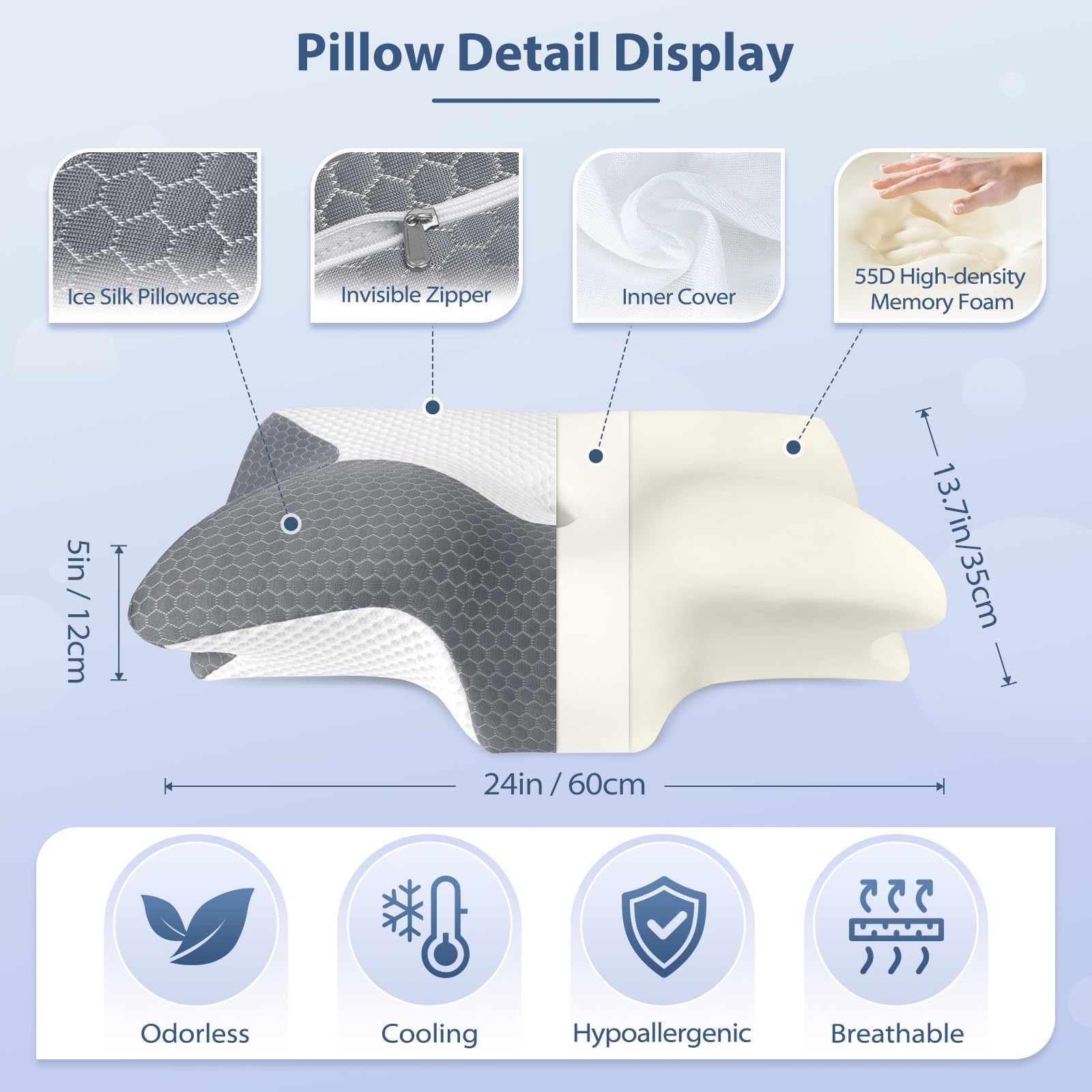 HOMCA Orthopedisch Kussen, Ergonomisch Kussen Nekpijn met 3D-Koelkussenhoezen, Anti Snurk Kussen Geheugenschuim voor Rug Maag Zijslapers 62 * 41 * 8/10cm