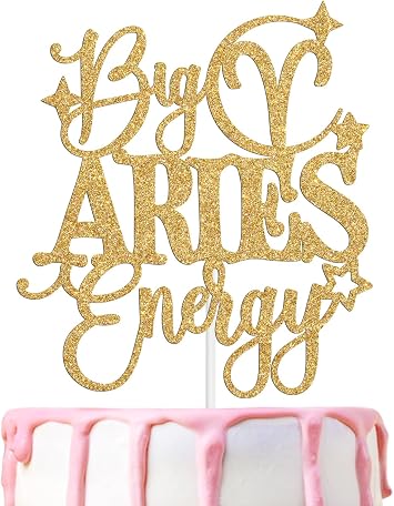 Big Aries Energy Cake Topper, Happy Birthday Aries in March/April, Aries Season, 12 Zodiac Constellation Theme Birthday Party Decoration Supplies, Gold Glitter