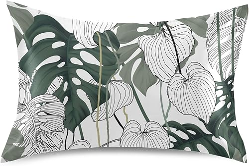 Miniatura 1 de Funda de almohada de satén para cabello y piel, funda de almohada de seda tamaño Queen con patrón de hojas de palma tropicales, fundas de almohada