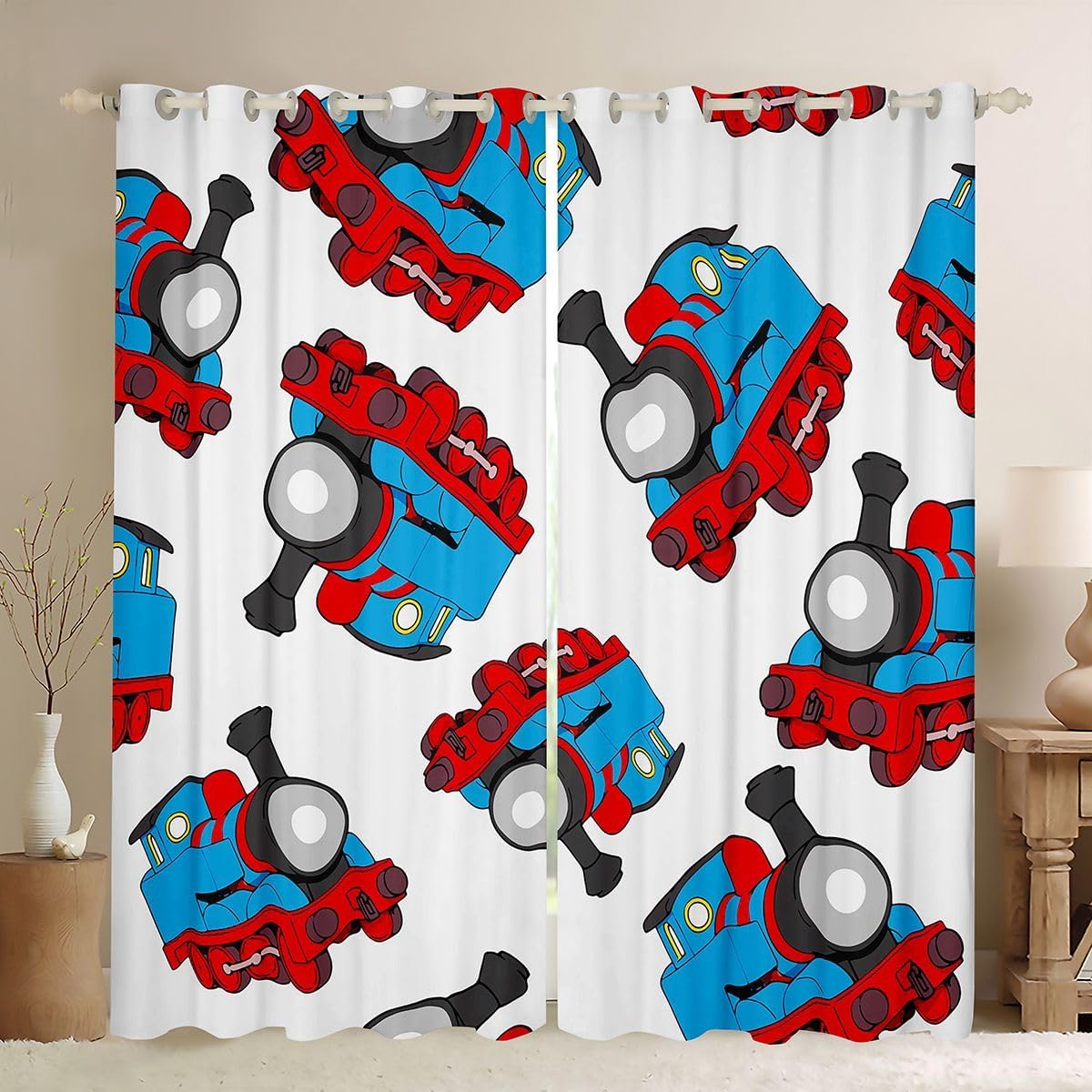Train Darkening Dreapes Kids Cartoon Car Curtains for Bedroom Living Room Train Travel Decor Blackout Curtains Microfiber Train Construction Red Blue Window Treatments (2 Panels, 42 x 63 Inch)