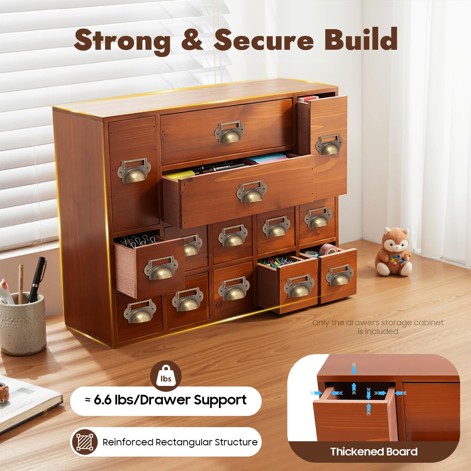 Organizer da scrivania in legno, stile vintage, con 14 cassetti, ogni cassetto ha una portata di 3 kg, per camera da letto, cucina, ufficio
