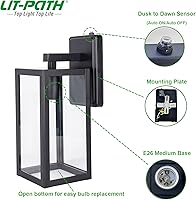 Vista 2 de LIT-PaTH Farol de pared para exteriores del atardecer al amanecer, aplique de pared como accesorio de iluminación de porche, base mediana E26 máximo
