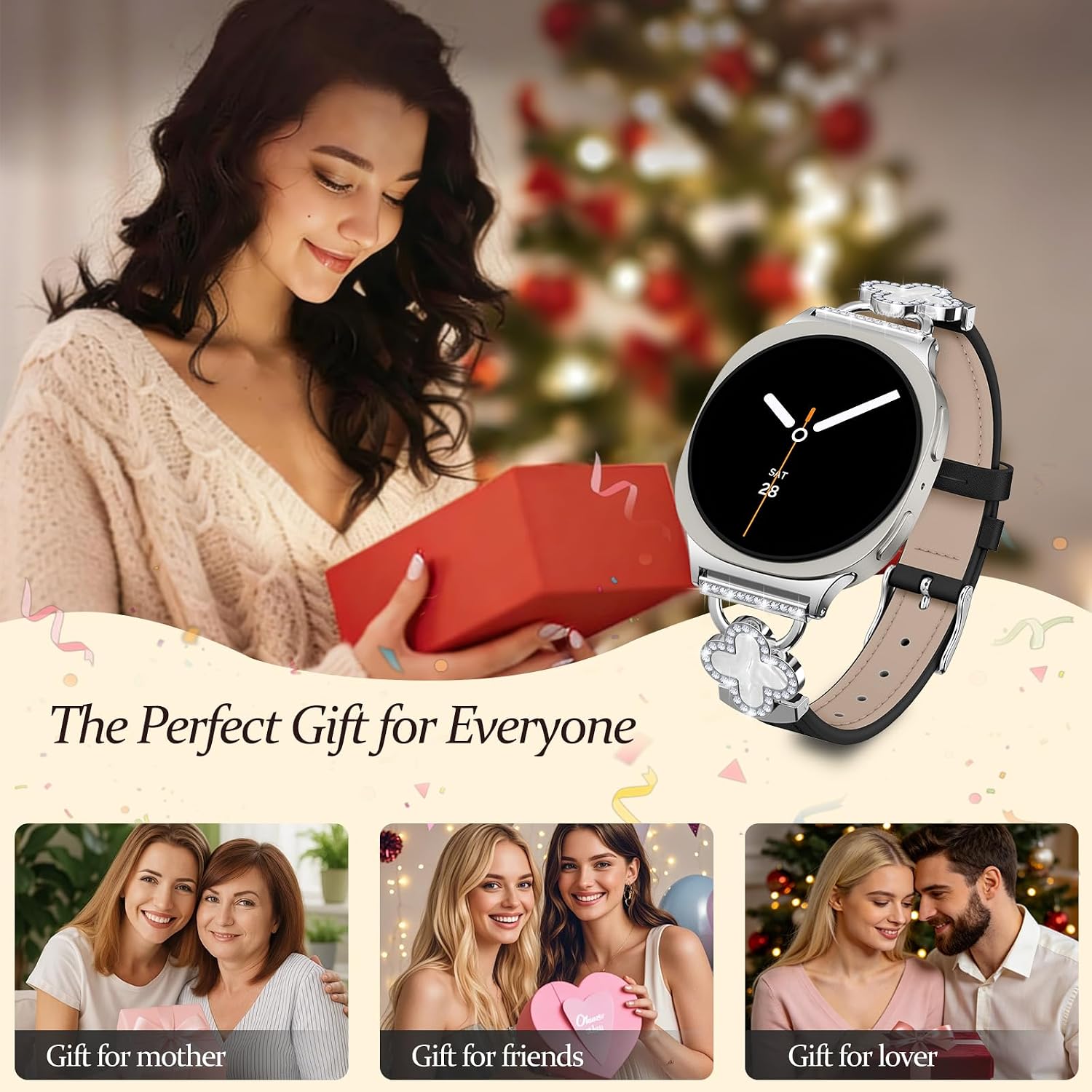 Leather Band for Samsung Galaxy Watch 8 40mm 44mm/8 classic 46mm for Women, Shiny Four Leaf Clover Dressy Slim Watch Band Replacement Strap for Samsung Watch 8/8 Classic,Black-Silver Shell