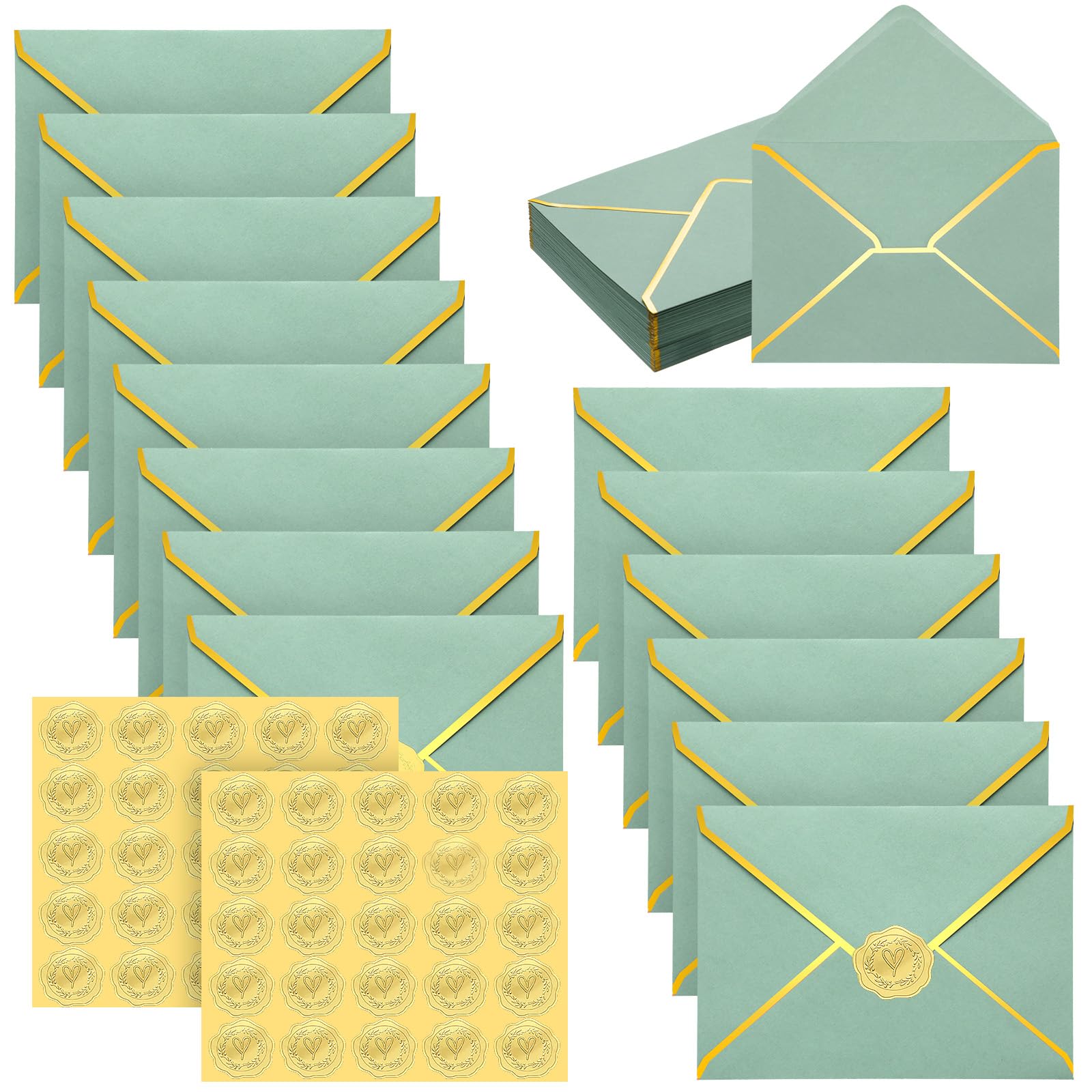 50 Pcs A7 Envelopes 5 x 7 Card Envelopes V Flap Mailer with Gold Border for Office Wedding Invitation Cards Graduation Baby Shower Greeting Cards(Sage