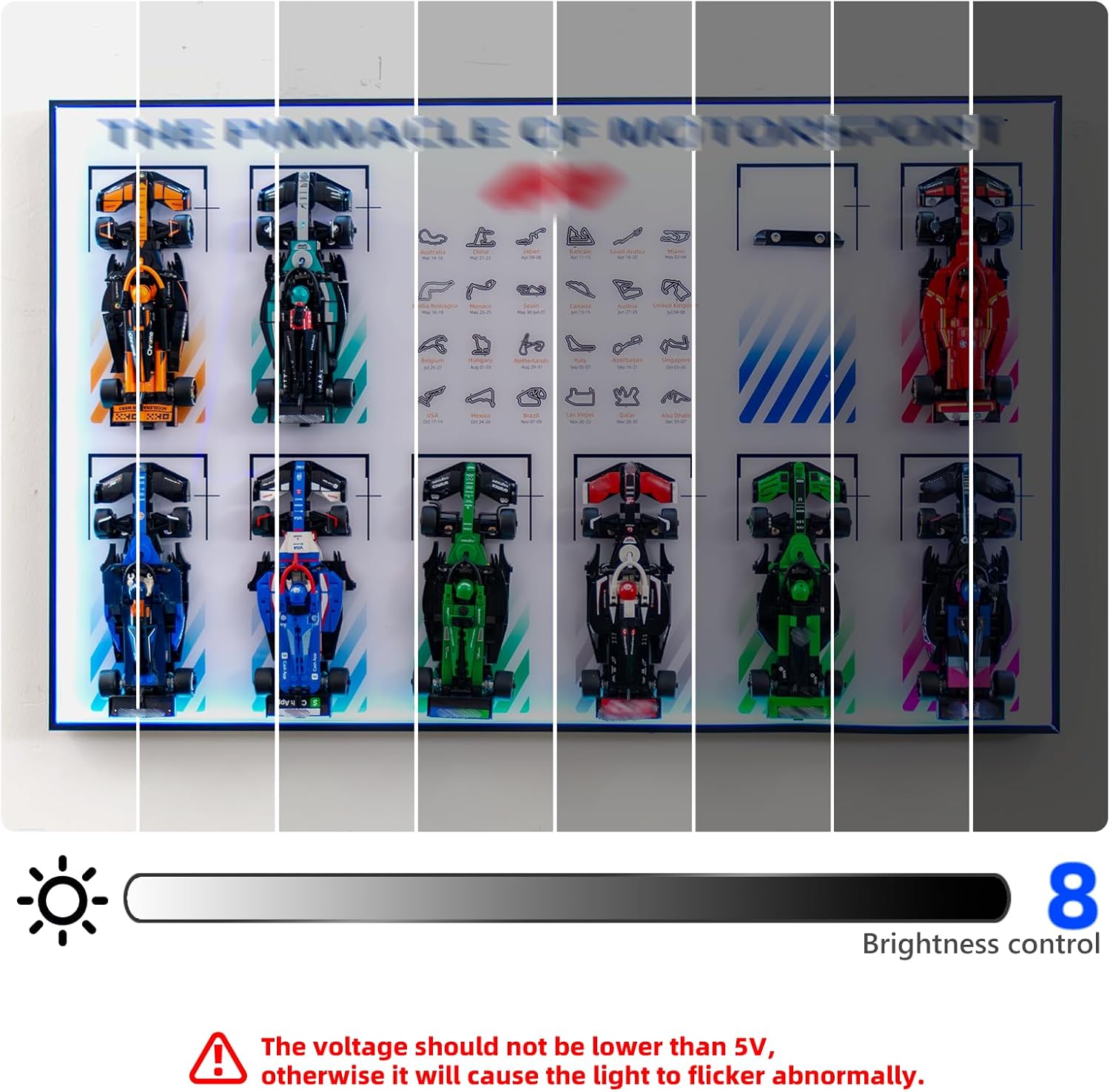 Display Wallboard with RGB LED Lights Compatible with Lego Speed Champions F1 10-in-1 Collector's Pack, 20 Color&22 Lighting Modes, Wall Mount Compatible with Lego 66802 Collectible F1 Model Car Kit
