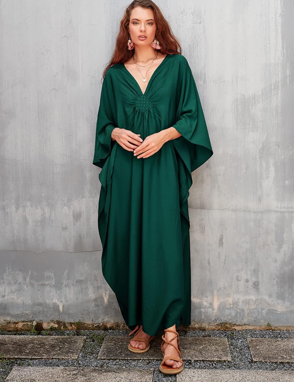 Bsubseach Women Solid Color Cover Up V Neck Batwing Sleeve Plus Size Beach Kaftan Dresses