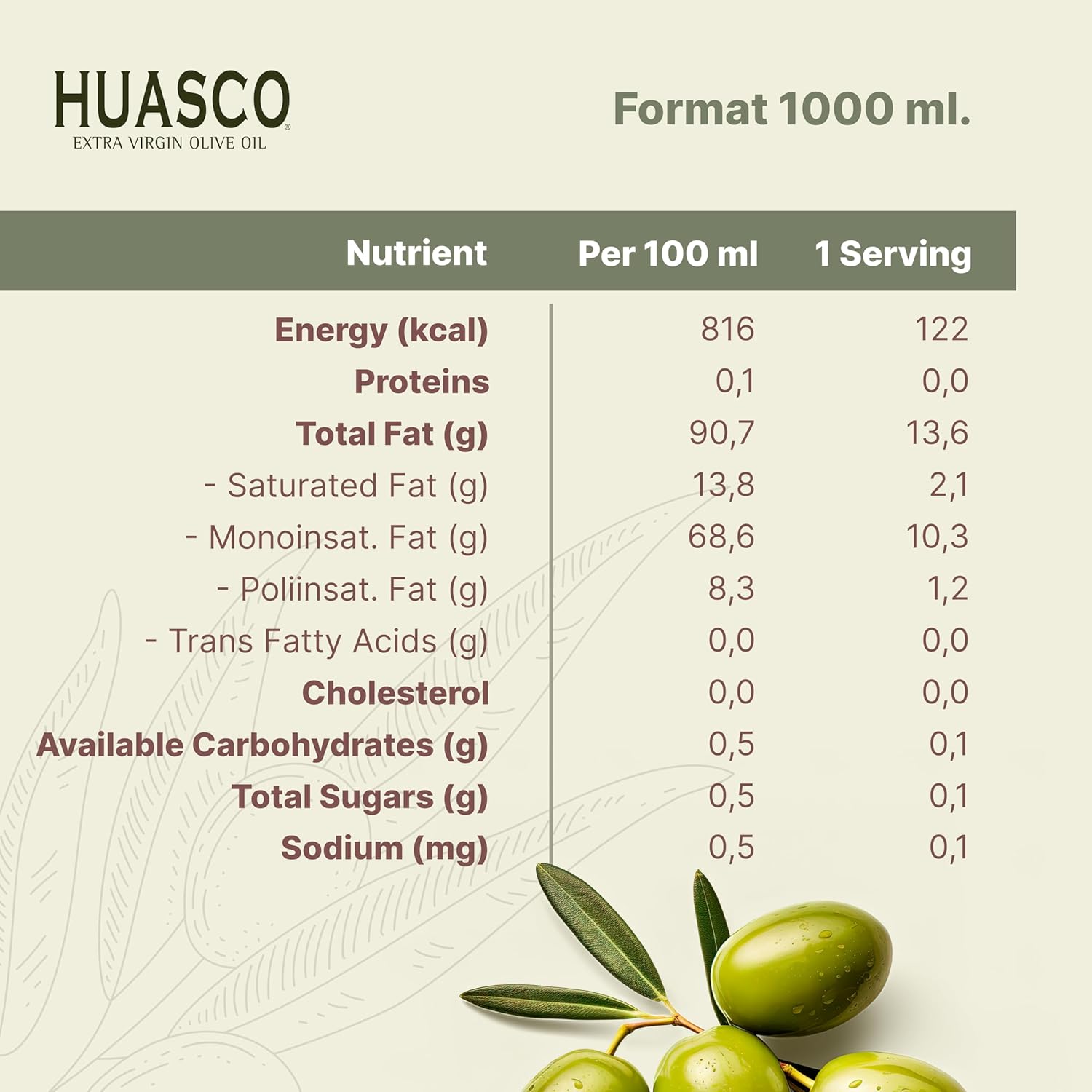 Extra Virgin Olive Oil by HUASCO |First Cold Press - From Chile, 33.8 Fl Oz (1000 Ml) - 4 pack