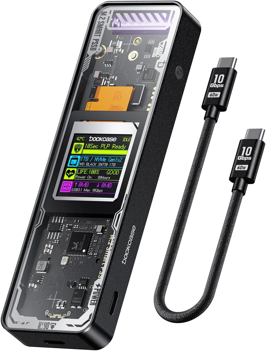 DOCKCASE Explorer Edition M.2 NVMe SSD Enclosure,Support 10s PLP Prevents Write Data Loss,USB 3.2 Gen 2 Type-C (10 Gbps), fits NVMe PCIe,Size 2230/2242/2260/2280,Support M-Key B+M Key UASP
