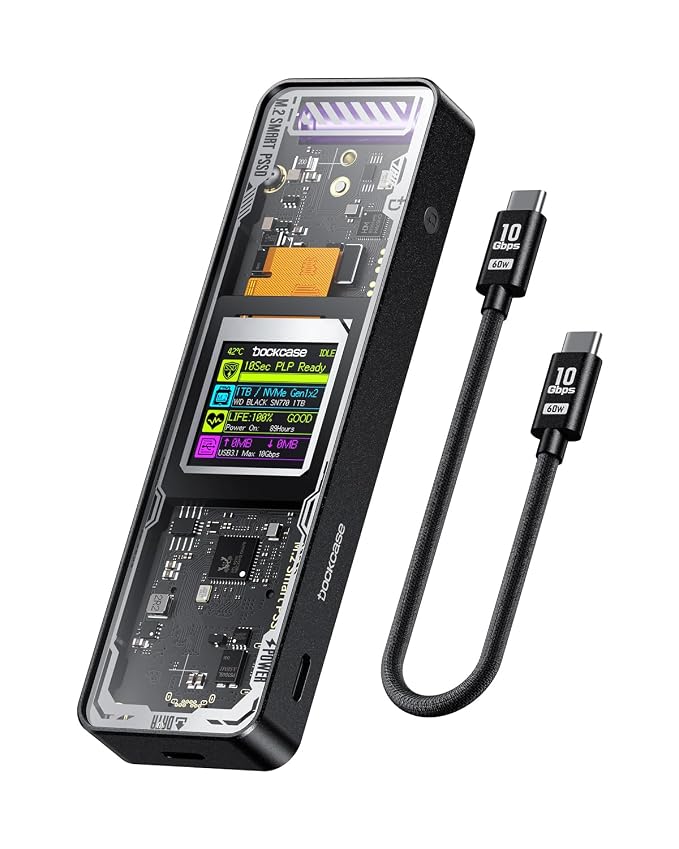 DOCKCASE Explorer Edition M.2 NVMe SSD Enclosure,Support 10s PLP Prevents Write Data Loss,USB 3.2 Gen 2 Type-C (10 Gbps), fits NVMe PCIe/SATA NGFF Size 2230/2242/2260/2280,Support M-Key B+M Key UASP…