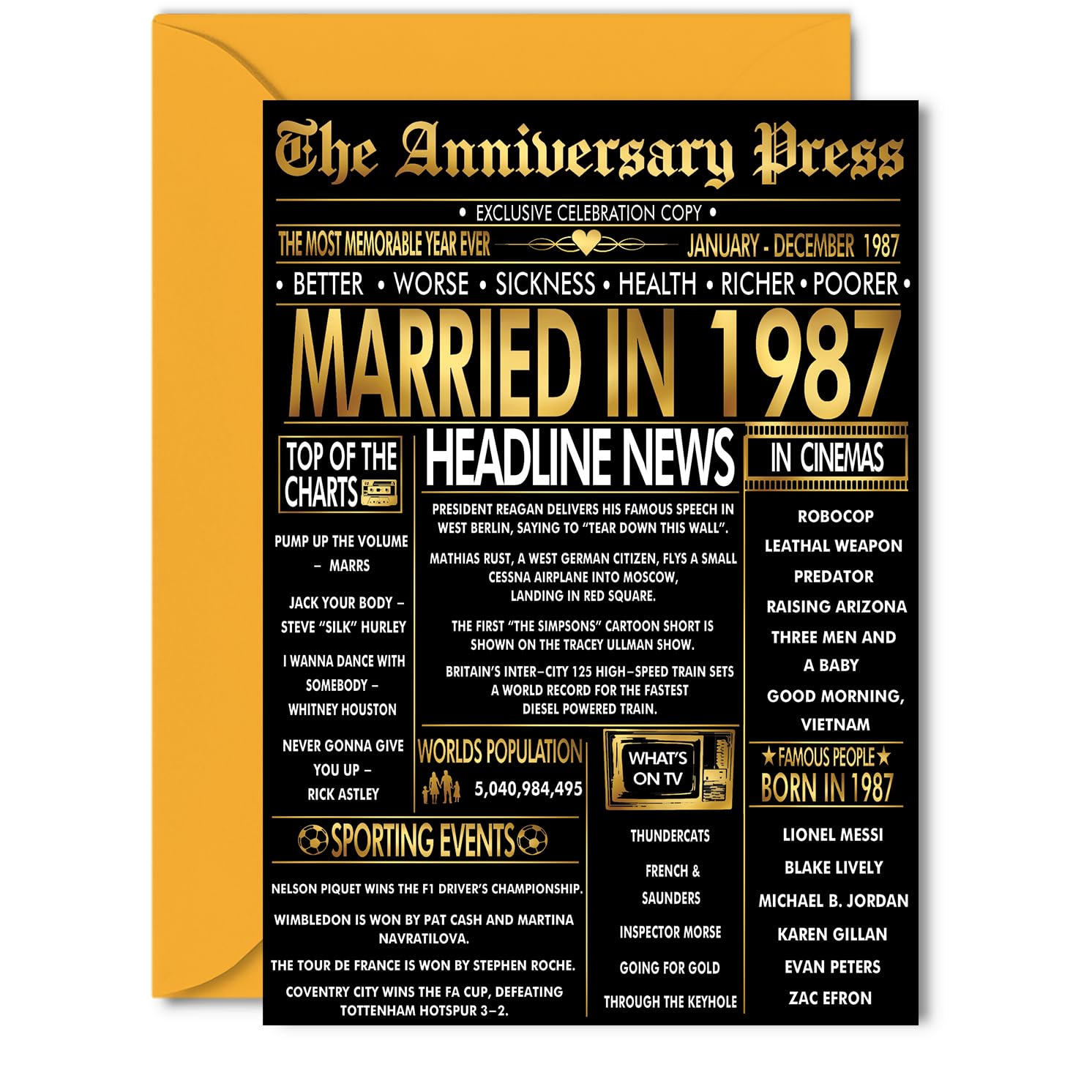 Gold 39th Anniversary Card for Women Men - Golden Newspaper Married in 1987-39 Year Wedding Anniversary Card for Husband Partner Wife Companion, 5x7 Inch Anniversaries Greeting Cards