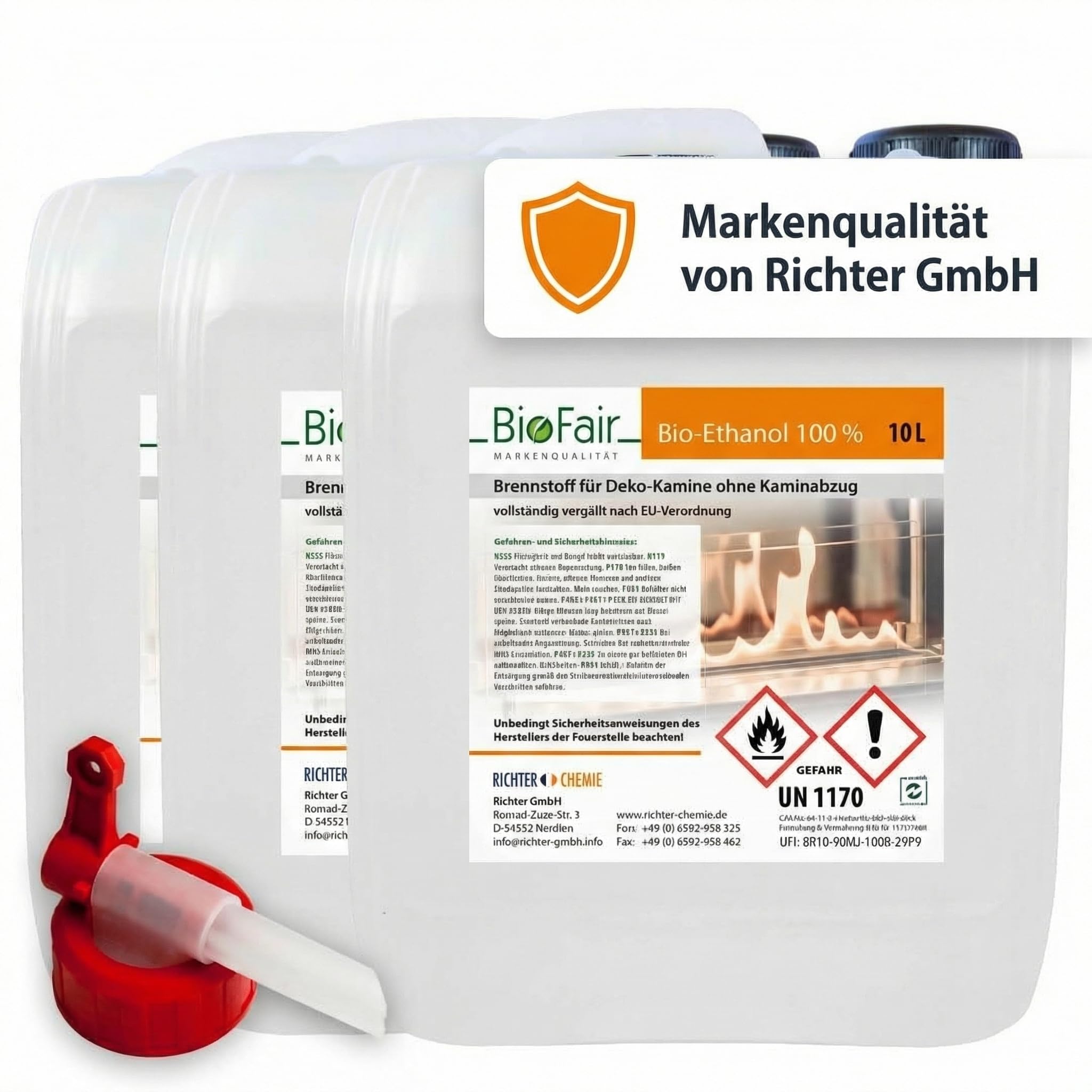 BioFair Bioethanol Kamin Brennstoff 30L (3×10L Kanister) E100 100 Prozent, mit Dosierhahn, Made in Germany, für Tischkamin, Wandkamin & Kamin flüssig