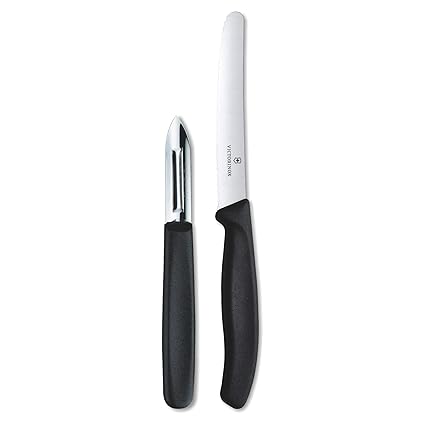 Victorinox Kitchen Knife, Set of 2, Sharp Wavy Edge Multipurpose Knife and Stainless Steel Traditional Peeler, Black