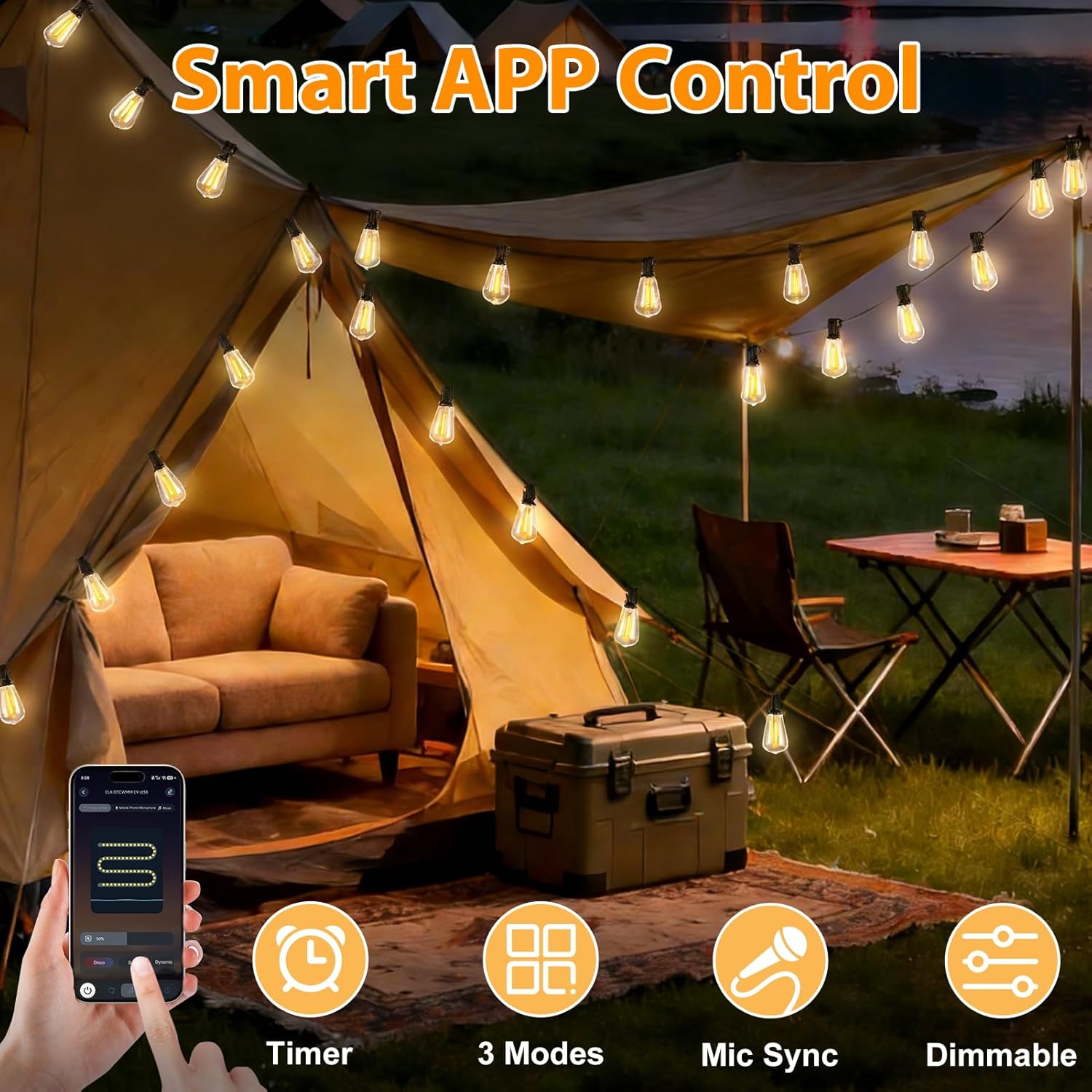 Smart Outdoor String Lights, 100FT ST38 LED Patio Lights with Timer Remote APP Control, 42 Shatterproof LED Bulbs (2 Spare), Dimmable Waterproof Hanging Light for Backyard Porch Party Decor