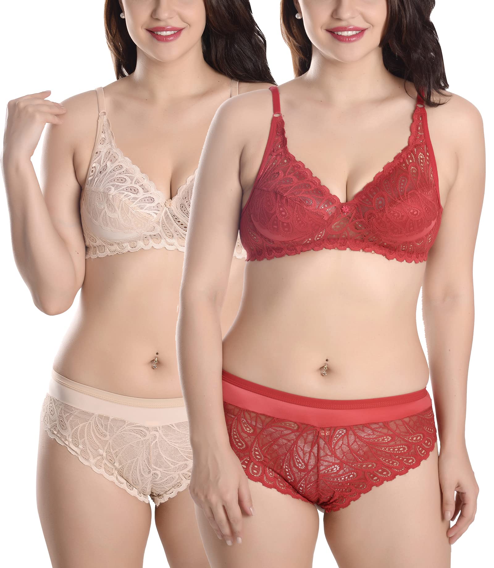 fims - fashion is my style Soft Lycra Stretchable Bra Panty Set for Women, Non-Padded, Non-Wired, Seamed, Floral Print, Full Coverage, Lingerie Set, Beige Red, Cup-B, Pack of 2, Size- 36-picture-37