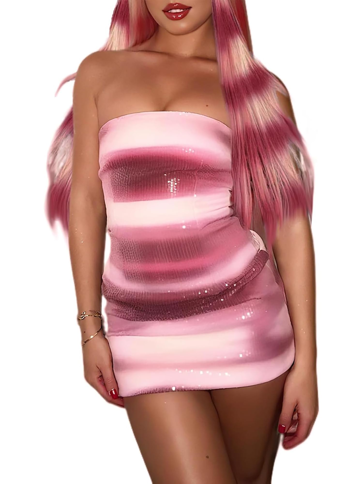 Fiacafyo Women Halloween Shark Tale Lola Costume Dress Strapless Tube Top Side Split Sexy Ruffle Hem Fish Cosplay Maxi Dress (C-Fuchsia, XL)