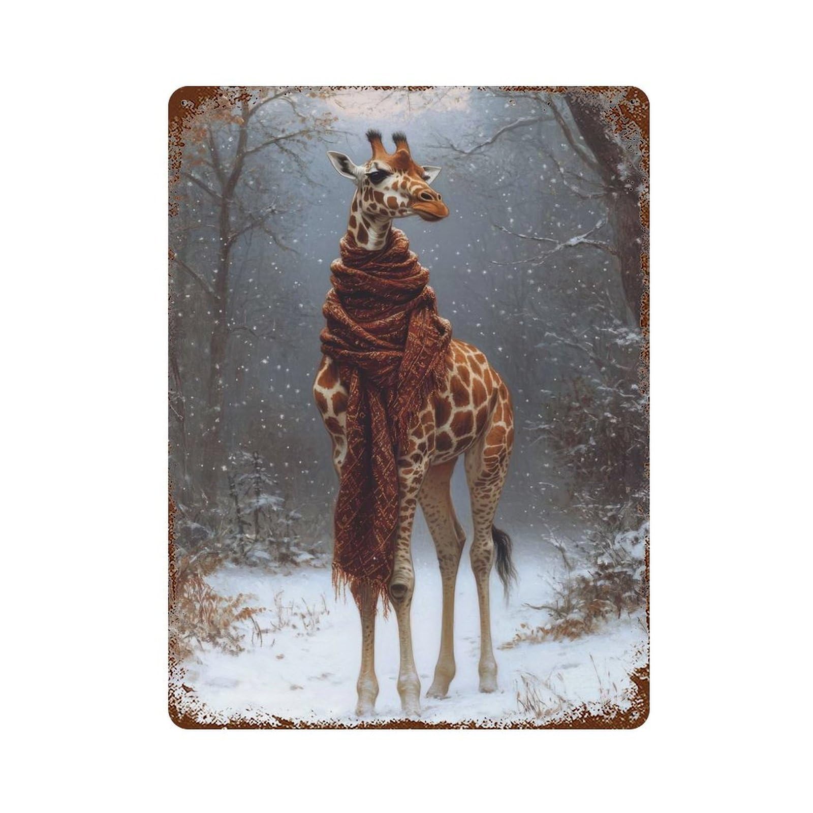 Giraffe in Winter Rustic Tin Plaque 15.7"x11.8", Novelty Wall Decor for Garage, Pub Or Kitchen