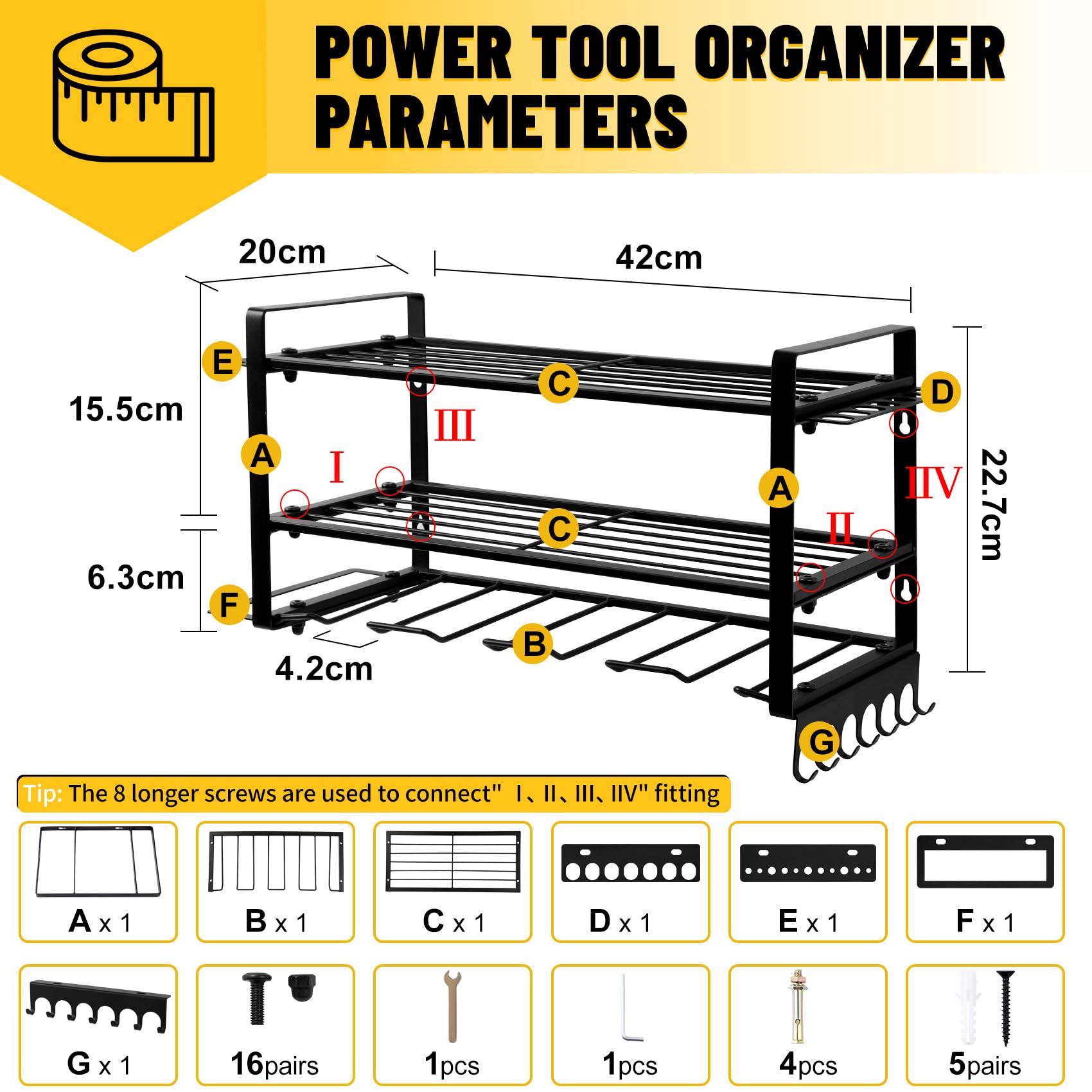 Support Mural Pour Outils - Organisateur Perceuse-visseuse 3 Niveaux - Capacité 140 Lbs - Noir