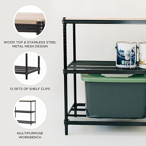 Miniatura 10 de Design Ideas MeshWorks - Estantería de metal para banco de trabajo con parte superior de madera, para almacenamiento de garaje y cocina, 35.4 x 17.7