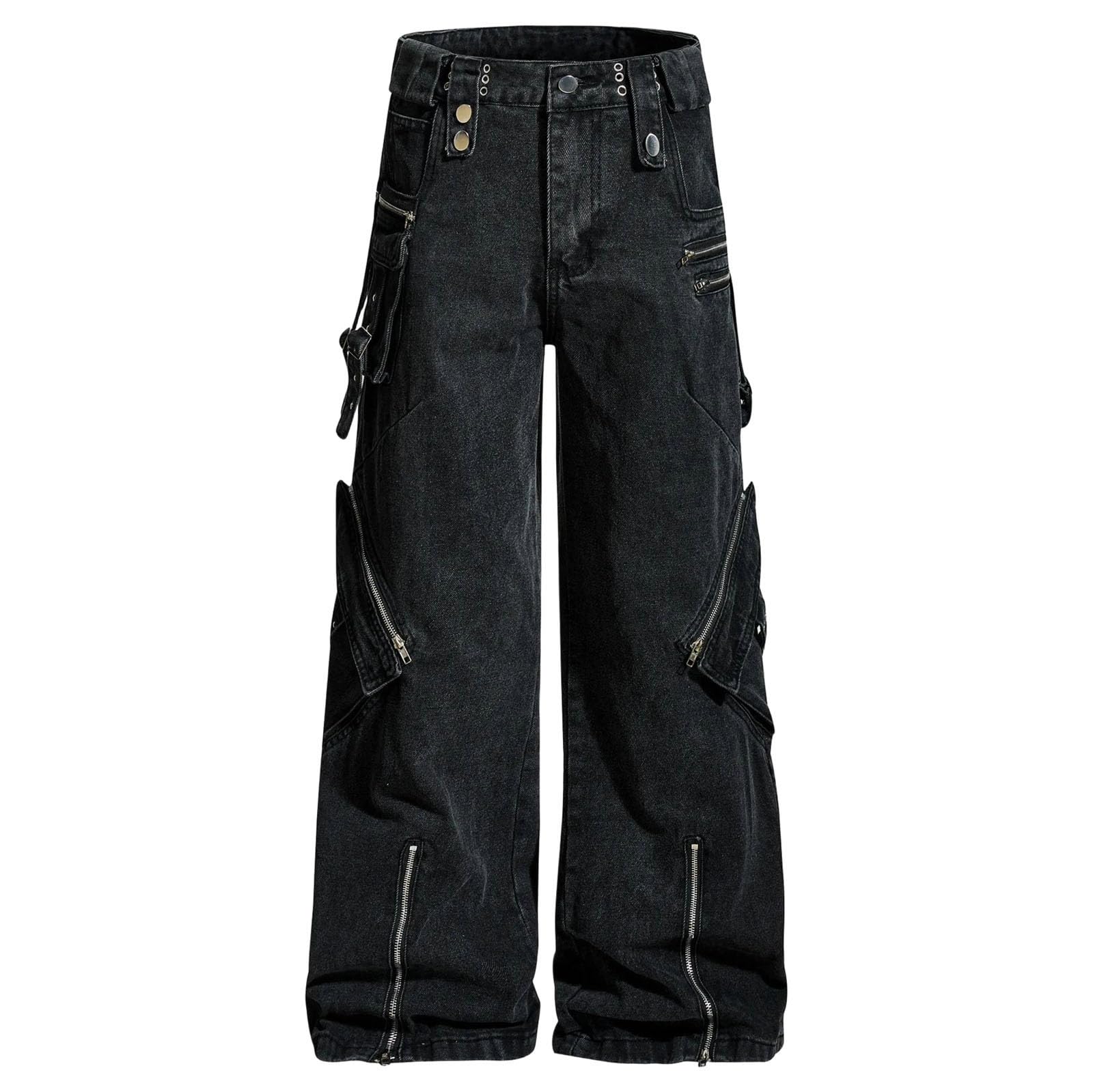 Mens Vintage Cargo Jeans with Lace-Up Details Wide Leg Straight Fit Denim Pants Zipper Fly Closure Washed Trousers