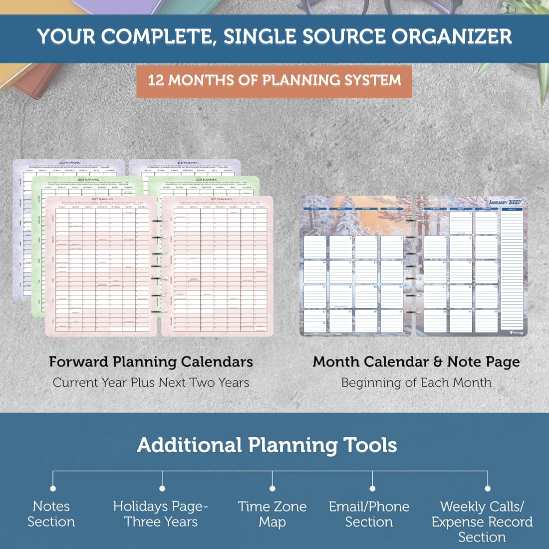 Planner Pad 7-Loch-lose Blätter, Januar-Dezember 2027, Kalenderjahr, 17,1 x 21,6 cm, mittelgroßer 3-stöckiger Trichter, 12 Monate/Wochen-Organizer, saisonale Farbtinte