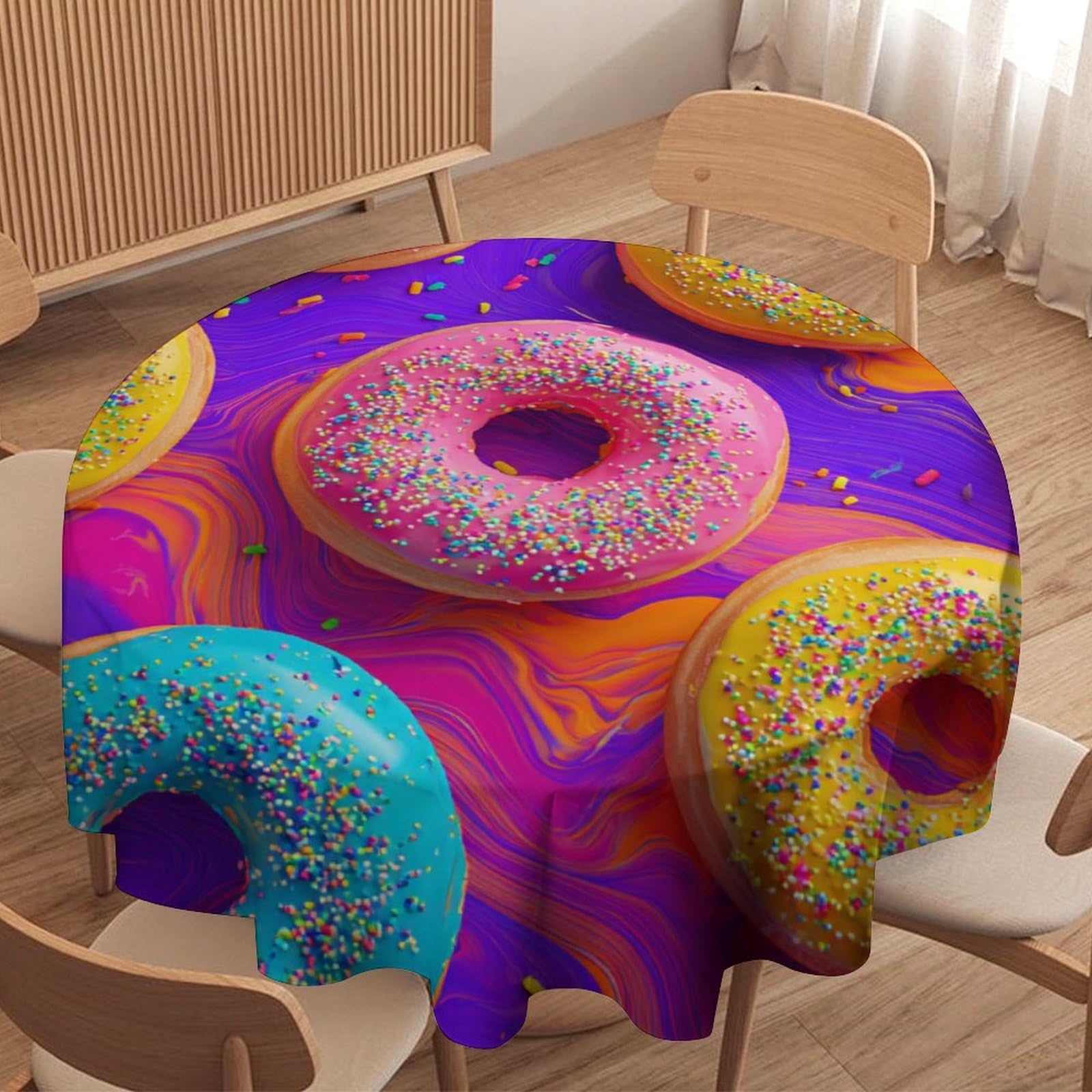 LUYYSKY Beautiful Classic Colorful Donut Round Tablecloth Abstract Watercolor Sweets Food Theme Donuts Pattern Washable Decor for Table Cover for Kitchen-177.8" Wx177.8 L cm