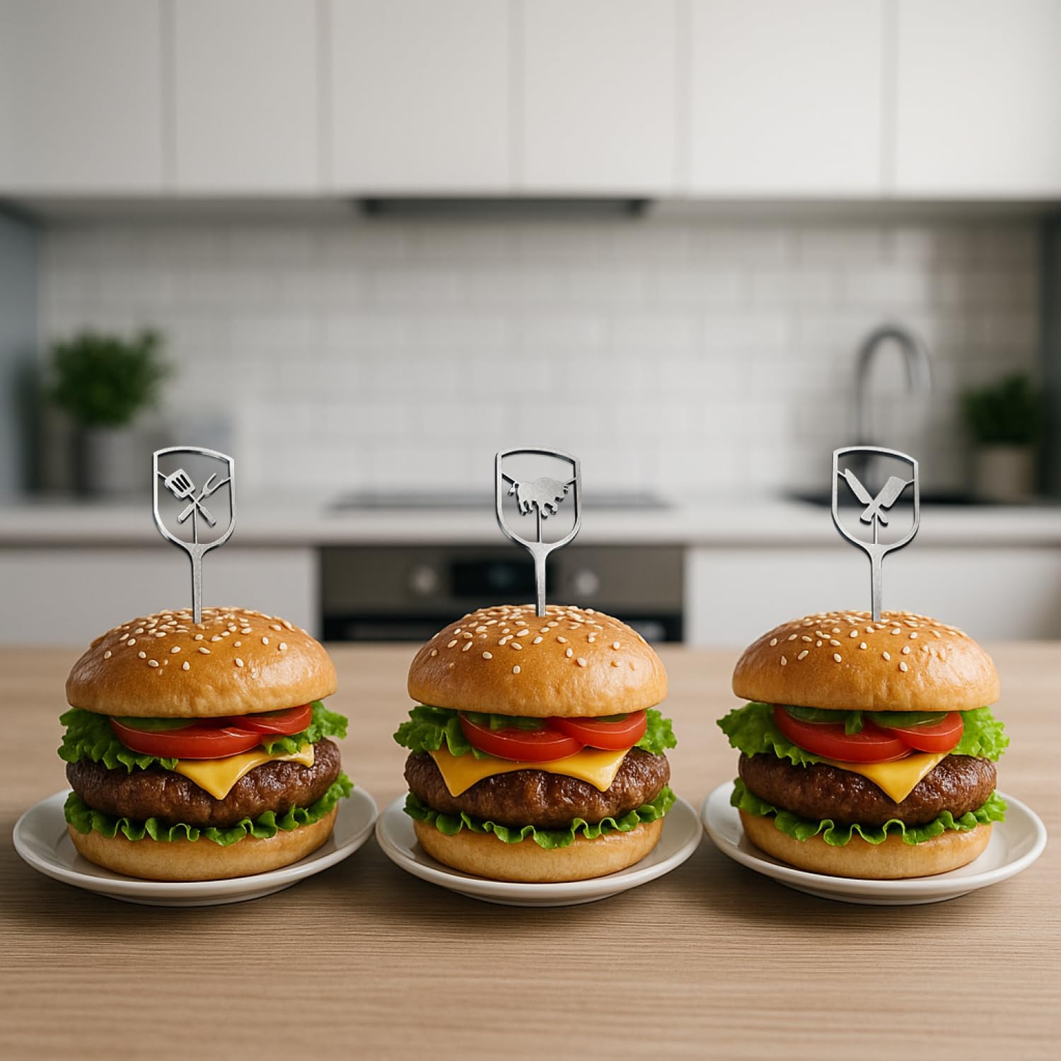 com-four® 6 spiedini burger acciaio inox 16 cm, punte metalliche con impugnatura ampia aperta, accessorio cucina, barbecue per servizio elegante (6x - aperto - 16 cm)