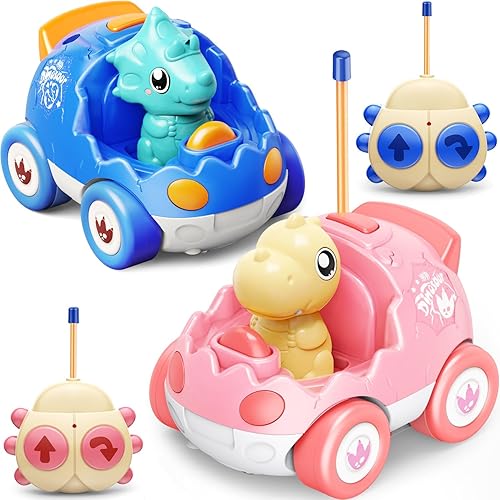 Paquete de 2 autos de juguete a control remoto para niñas de 2, 3 y 4 años, autos de carreras para niños pequeños, juguetes de dinosaurio para niños