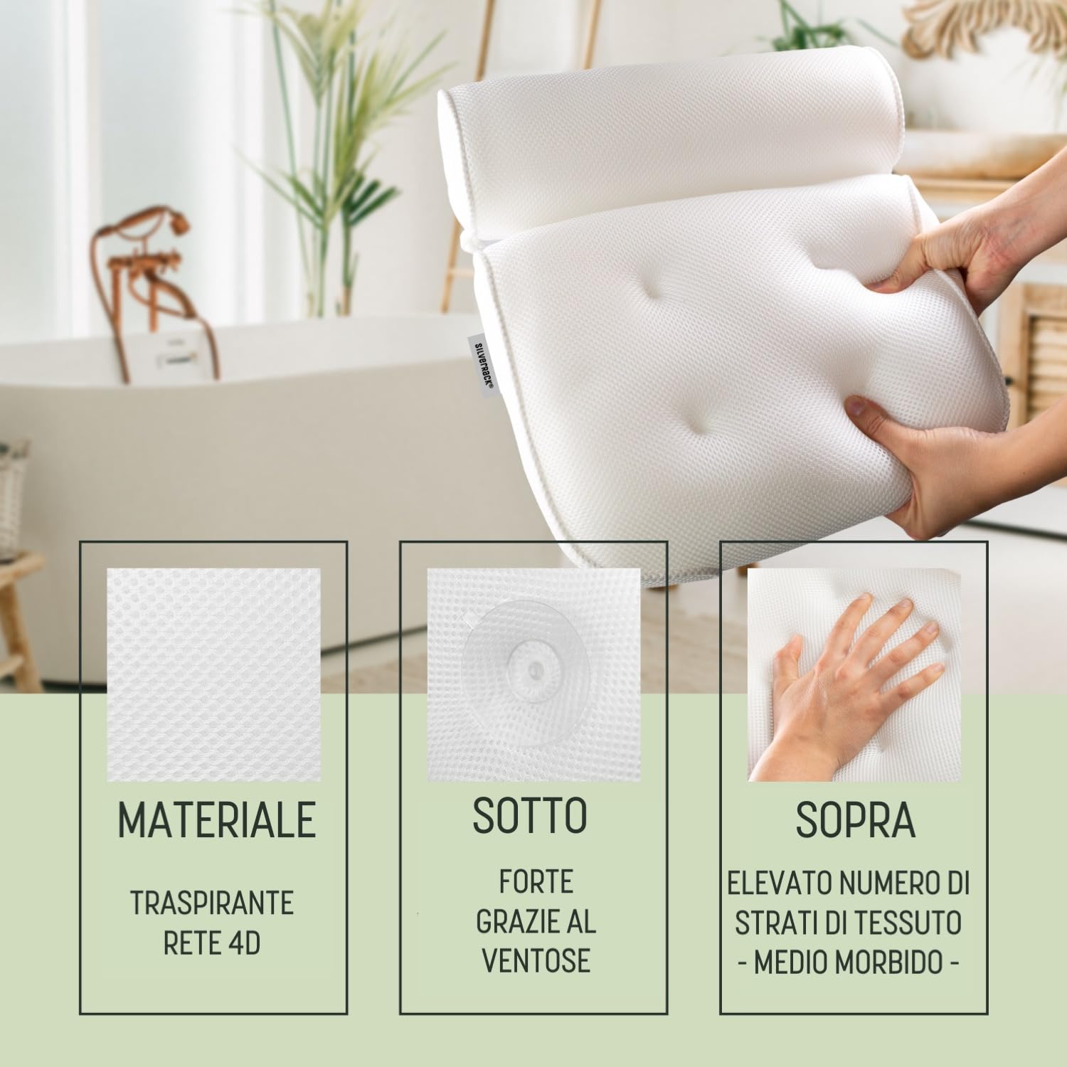 SilverRack Cuscino da bagno MEDIAMENTE MORBIDO [Bianco 3D] - Cuscino per il collo per vasca da bagno con ventose come accessorio per vasca da bagno - Cuscino per vasca da bagno