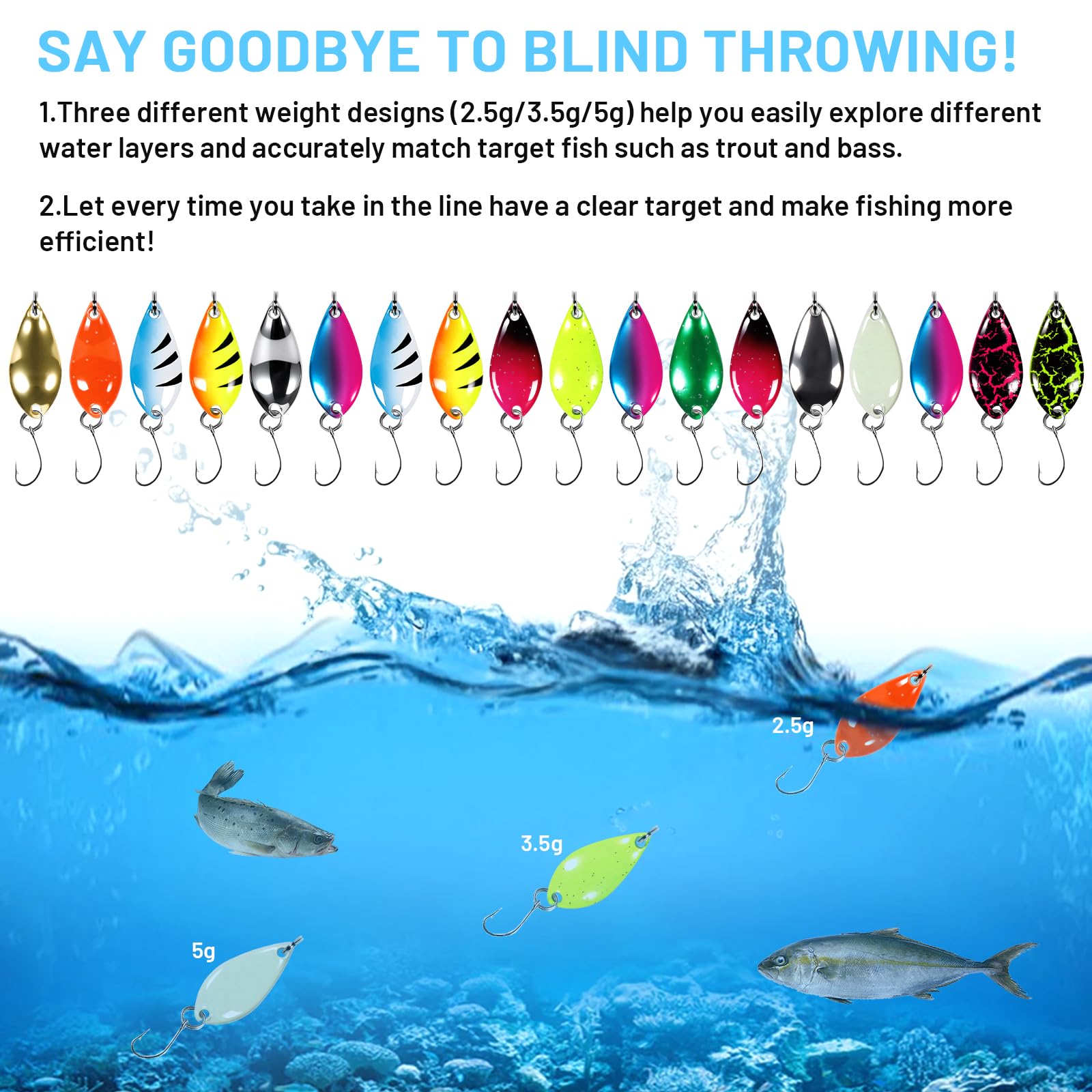Esche Artificiali Spinning,18 Pezzi Cucchiaini da Pesca Esche,Cucchiaini Pesca da 2,5 g/3,5 g/5 g,Esche da Pesca con Borsa Portatile per Trota,Persico,Luccio