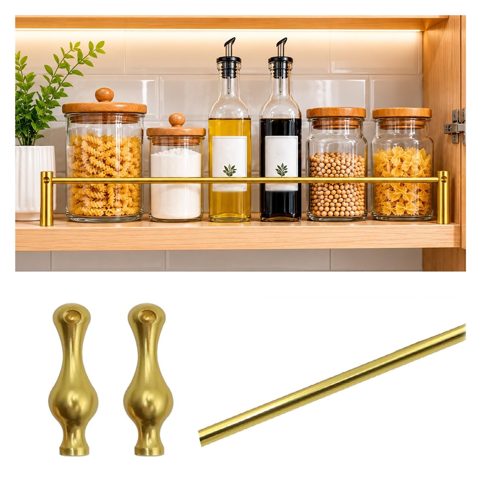 MZZKFC Shelf Rail for Kitchen Cabinet 9-35in，Customizable Dish Shelf Guard Rail Waterproof & Rust-Resistant, Aluminum Alloy Shelfs Retainer Bar for Pantry(Gold C,25in/635mm)