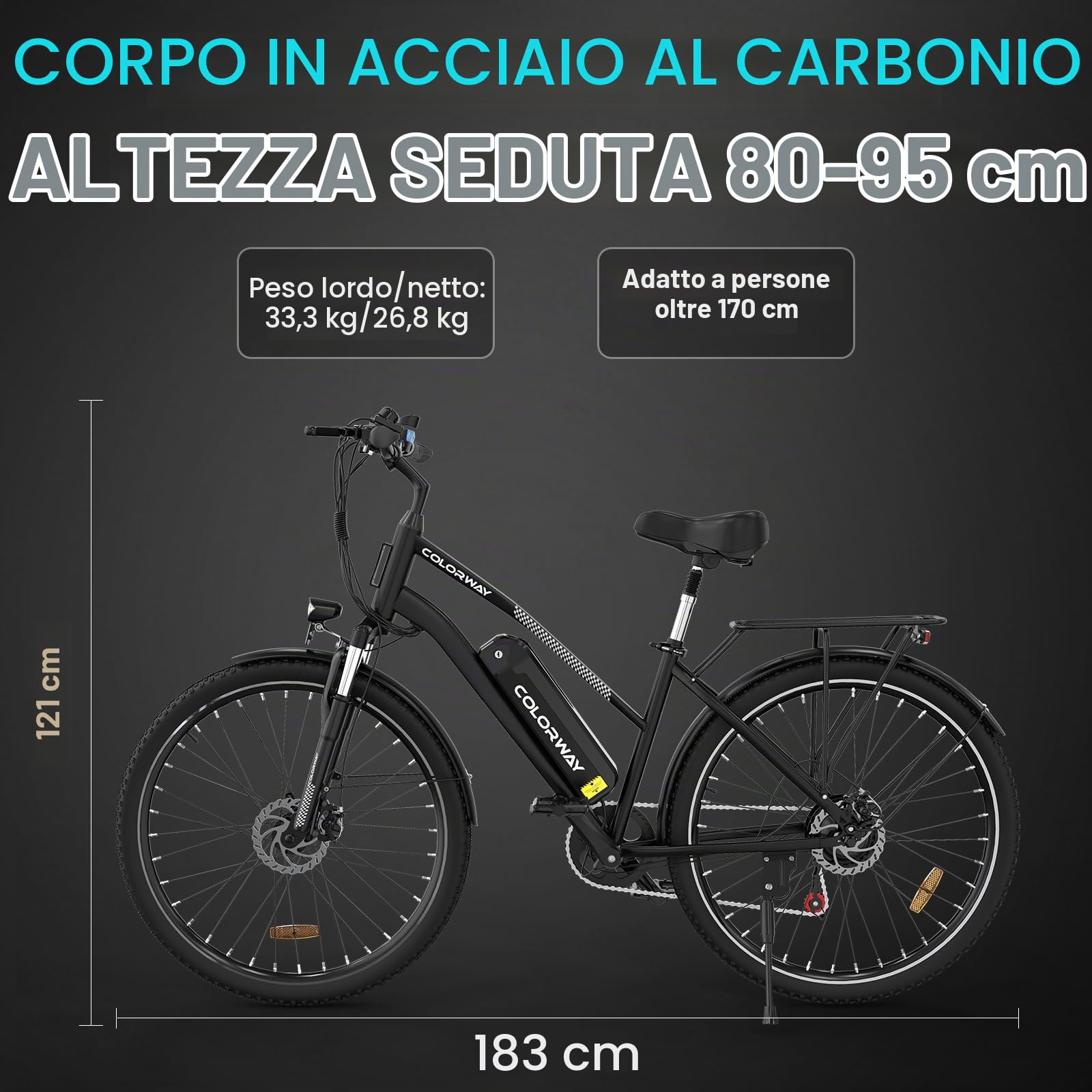 COLORWAY Bici Elettrica Uomo e Donna, Pneumatici da 28 pollici, Mountain Bicicletta Elettrica, 250W/36V/15AH, freni a doppio disco, due modalità di guida,7 velocità, autonomia fino a 45-100KM