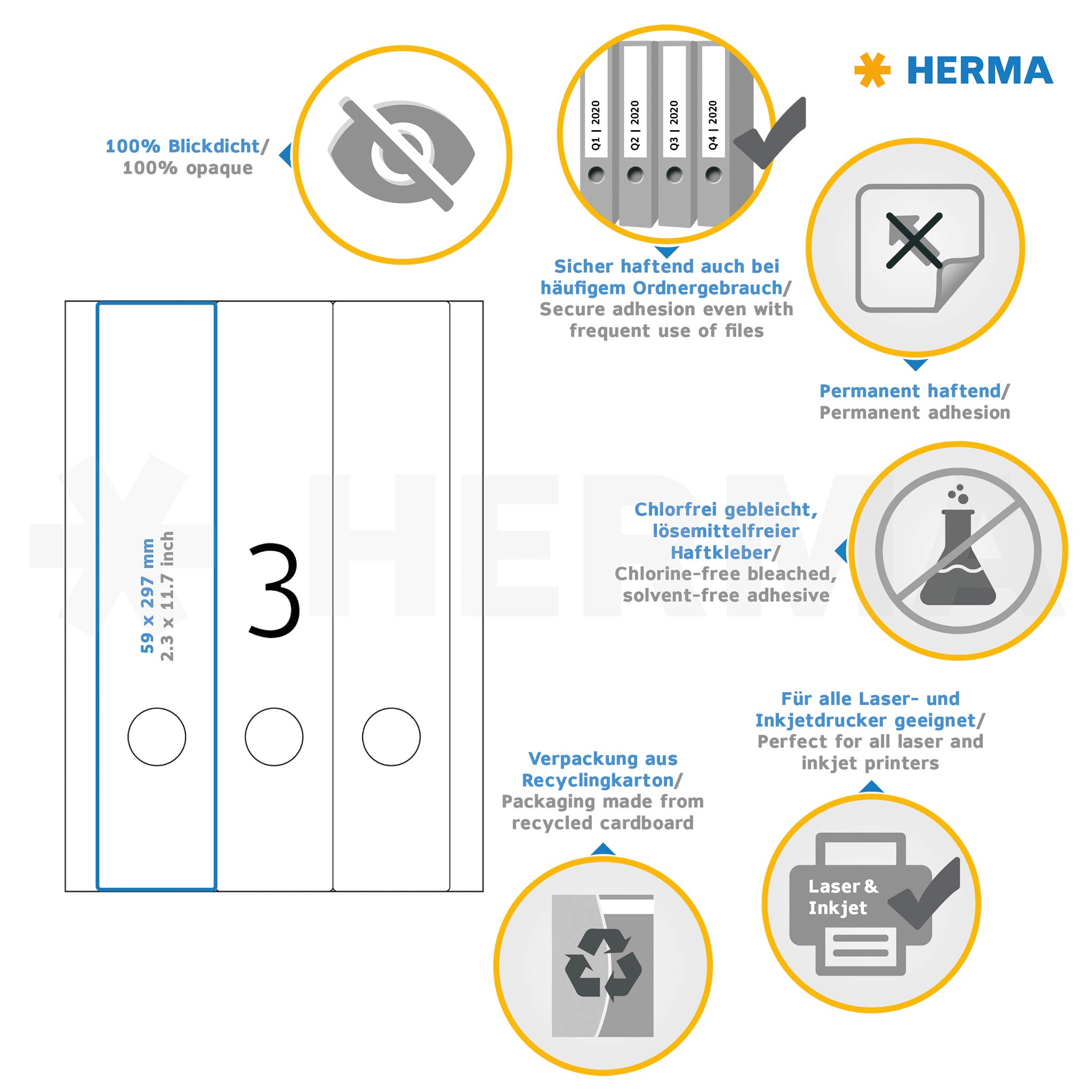 HERMA 5159 Ordnerrücken Etiketten lang breit, 800 Blatt, 59 x 297 mm, 3 pro A4 Bogen, 2400 Stück, selbstklebend, bedruckbar, blickdicht, blanko Papier Ordneretiketten Rückenschilder Aufkleber, weiß