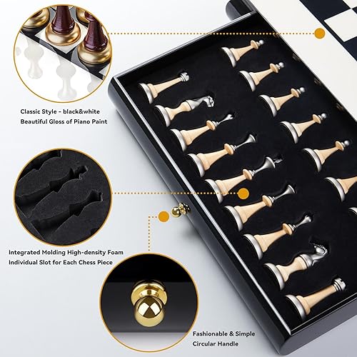 Miniatura 6 de AMEROUS Juego de ajedrez de madera de 16 pulgadas, tablero de gran tamaño con 2 cajones de almacenamiento integrados, 2 reinas adicionales, piezas