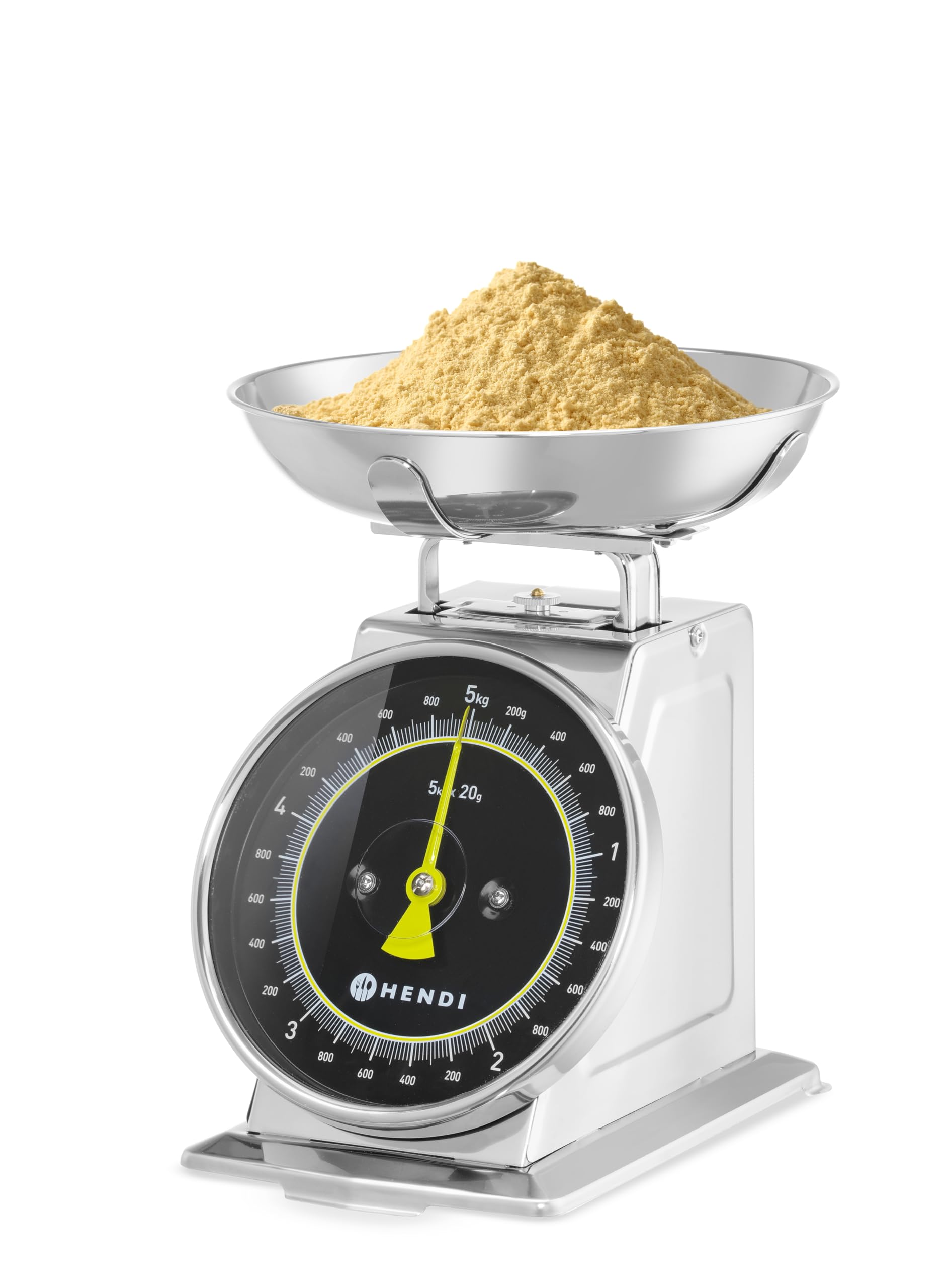 HENDI Báscula mecánica de cocina, Pesa con esfera analógica, Balanza con función tara manual, Capacidad 5kg, Graduación 20g, 207x231x(H)254mm, Acero inoxidable