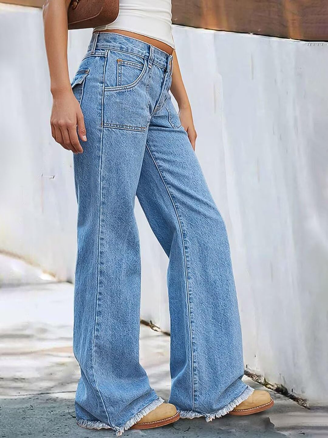 Flamingals Wide Leg Low Rise Casual Flap Pocket Raw Hem Denim Jeans with Pockets - Image 3