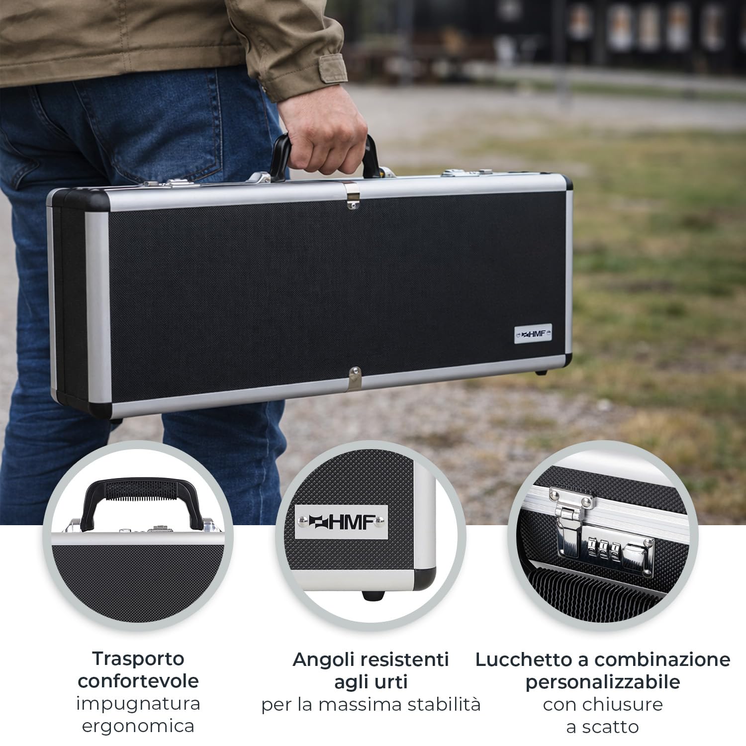 HMF 14433-02 Valise en aluminium pour armes à feu avec serrure à combinaison | 62 x 26 x 12 cm | Noir