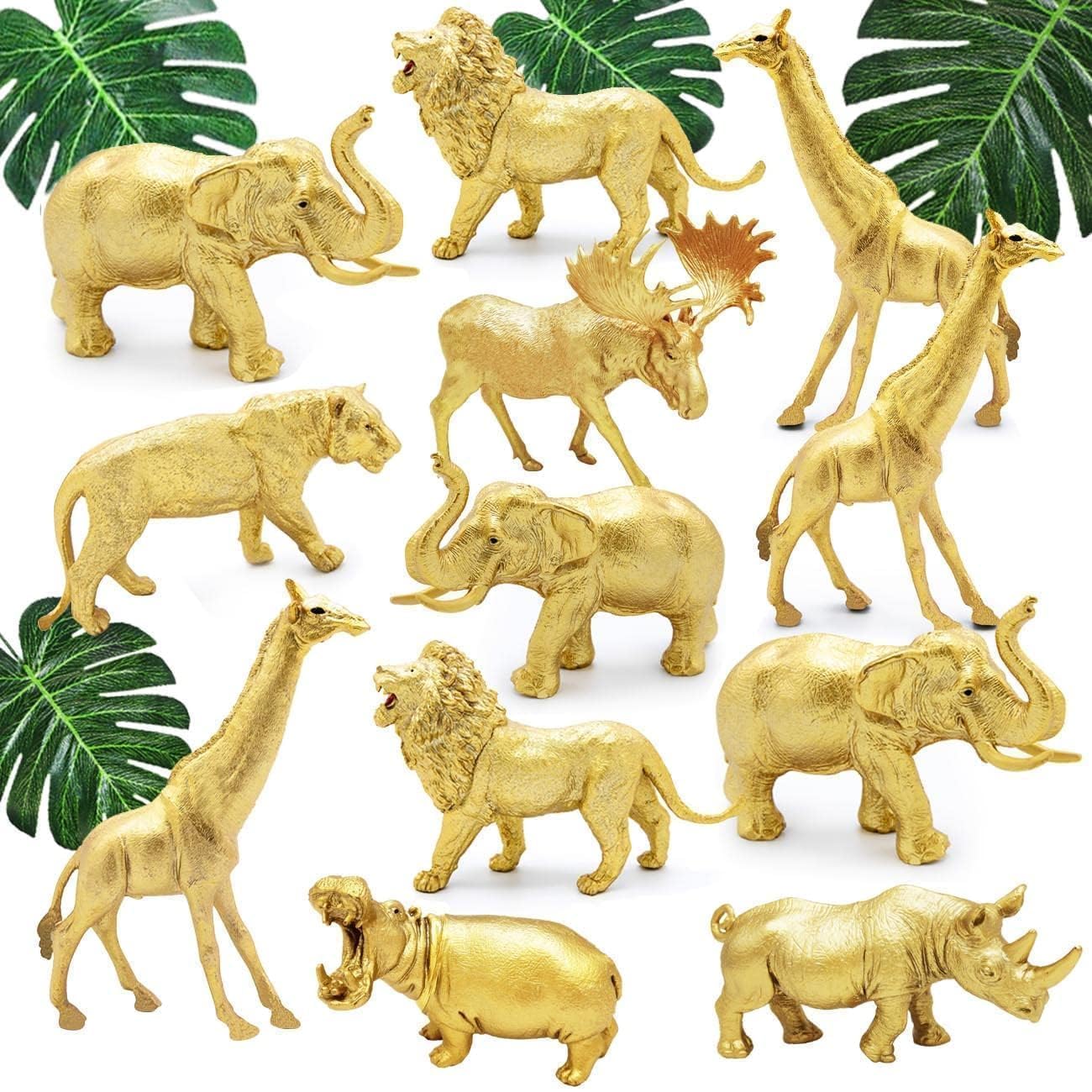 Metallic Gold Plastic Animal Figurines Toys, 12PCS Golden Safari Zoo Animal Figures, Jungle Wild Animals for Baby Shower Decor, Safari Themed Birthday