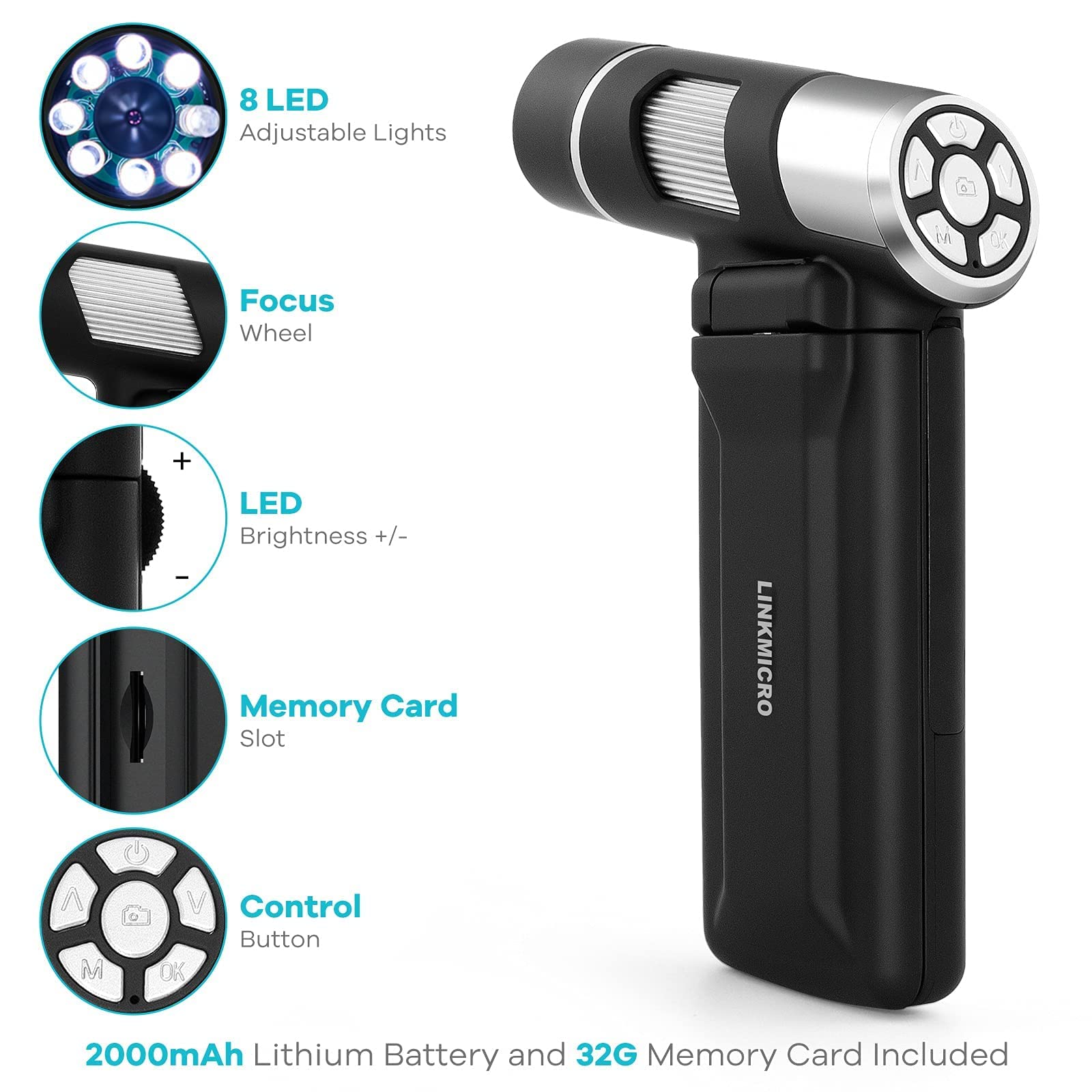 Digitales Handmikroskop mit Metallstativ LINKMICRO Tragbares Mikroskop für Erwachsene und Kinder, 200X, 215g, 2000mAh, 8LEDs, 1080p, Windows Mac kompatibel, 32G SD-Karte enthalten