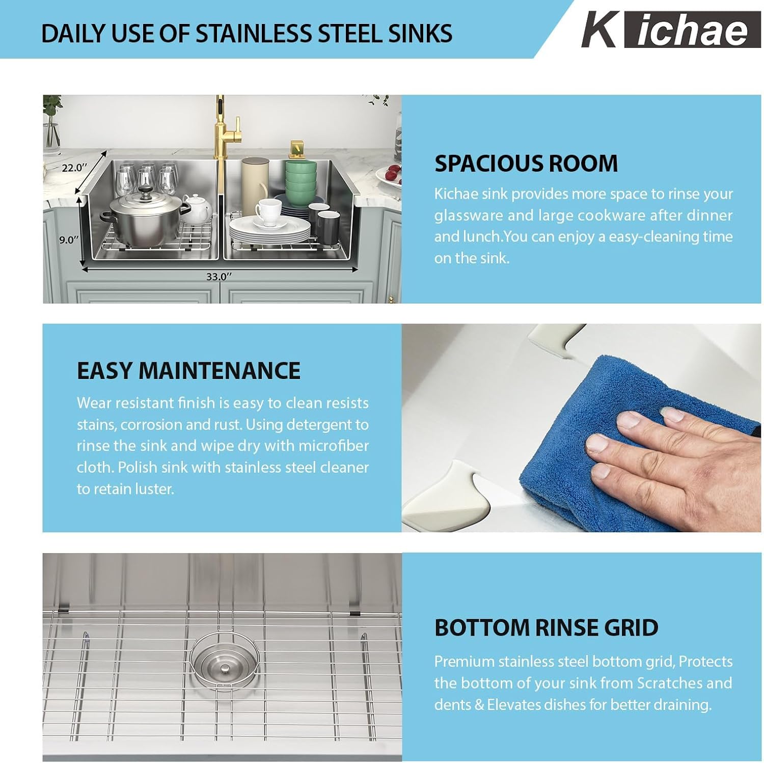 Kichae 33 Inch Drop in Kitchen Sink - 33"x22" Topmount Sink 16 Gaugle Stainless Steel Double Bowl 50/50 Handmade Kitchen Sink