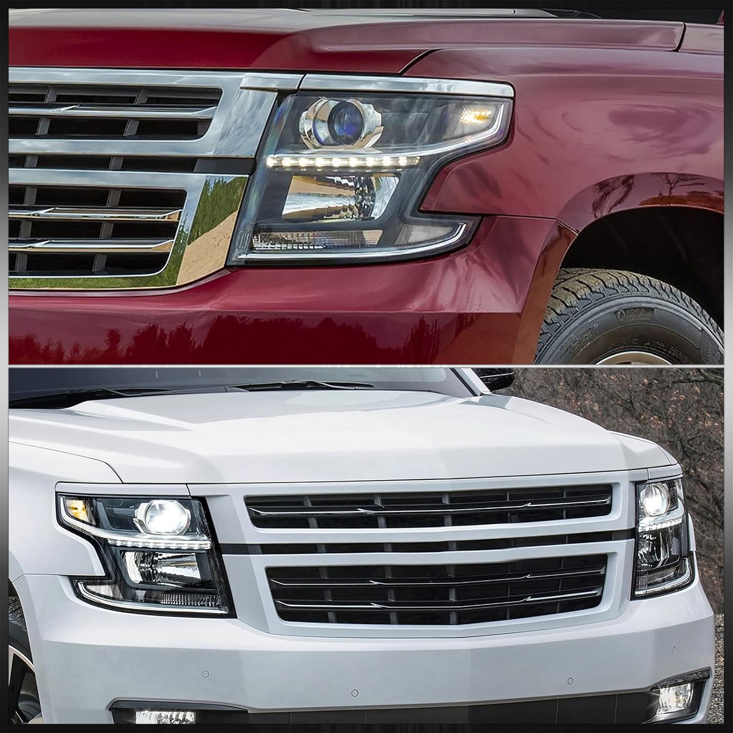 AJP Distributors Black Housing Clear Signal Projector Headlights LED Strip Lamps Pair Compatible/Replacement For Tahoe Suburban 3500HD 2015 2016 2017 2018 2019 2020 15 16 17 18 19 20
