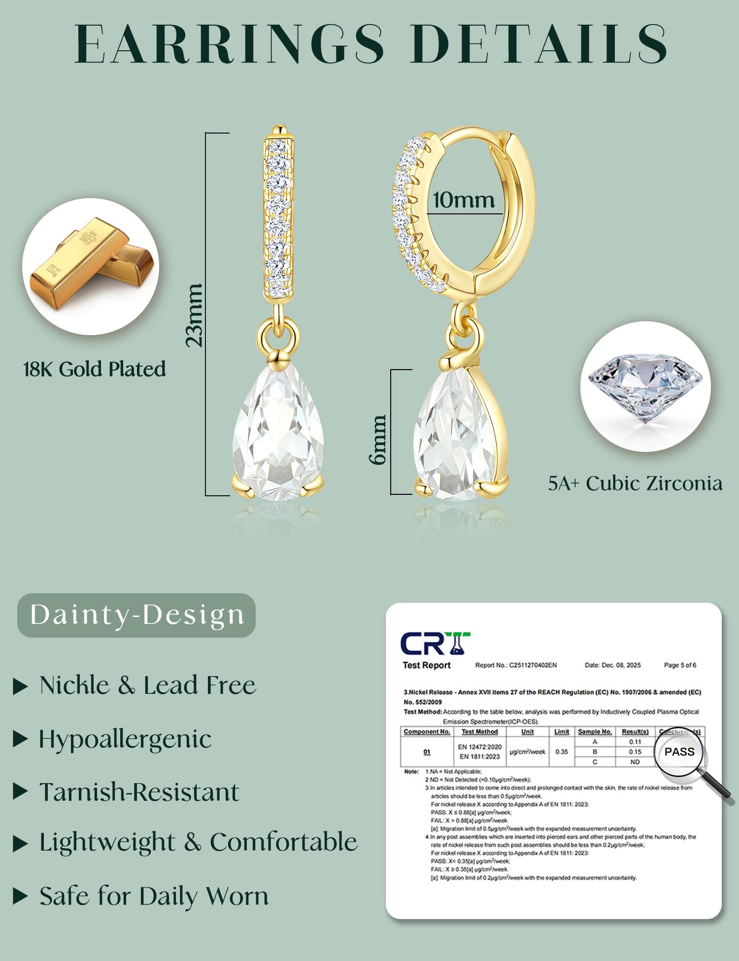 ZNBOH Orecchini Pendenti Donna Oro Placcato 18K Anallergici Piccoli Orecchini con Zirconi Pietra di nascita Smeraldo Acquamarina Ametista Moissanite Piercing Orecchio Cerchio Gioielli Regalo Donna