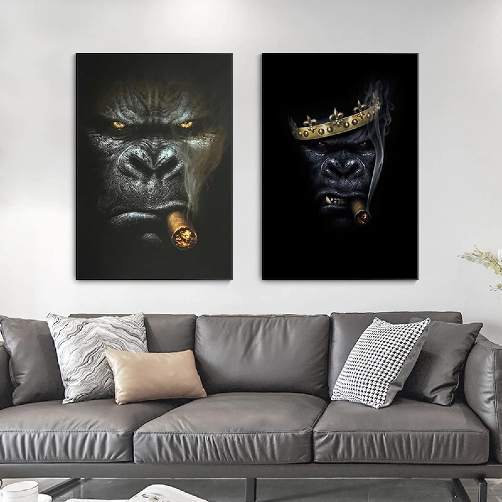 Gorille Fumer Cigare Animal Peinture Impression sur Toile Art Postes et Impressions Mur Art Photo pour Salon Peintures 50x70cm/20x28inx2pcs Sans Cadre