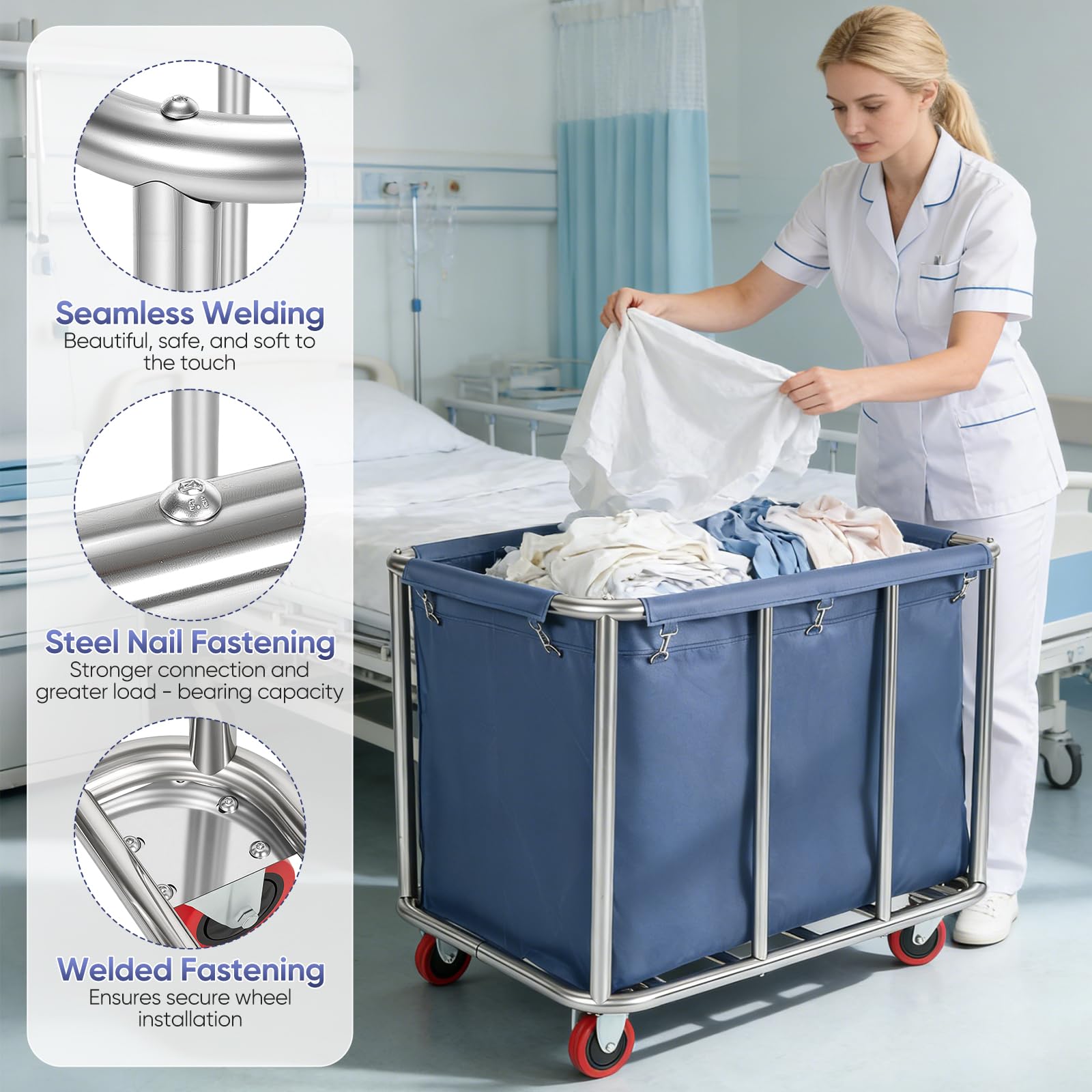 Carrello Per Biancheria, Cesto Portabiancheria Cesti Portabiancheria Commerciali In Acciaio Inox Con Ruote Commerciale Impermeabile Antiruggine Rimovibile Grandi Per Casa Hotel Lavanderia 90X65X81Cm